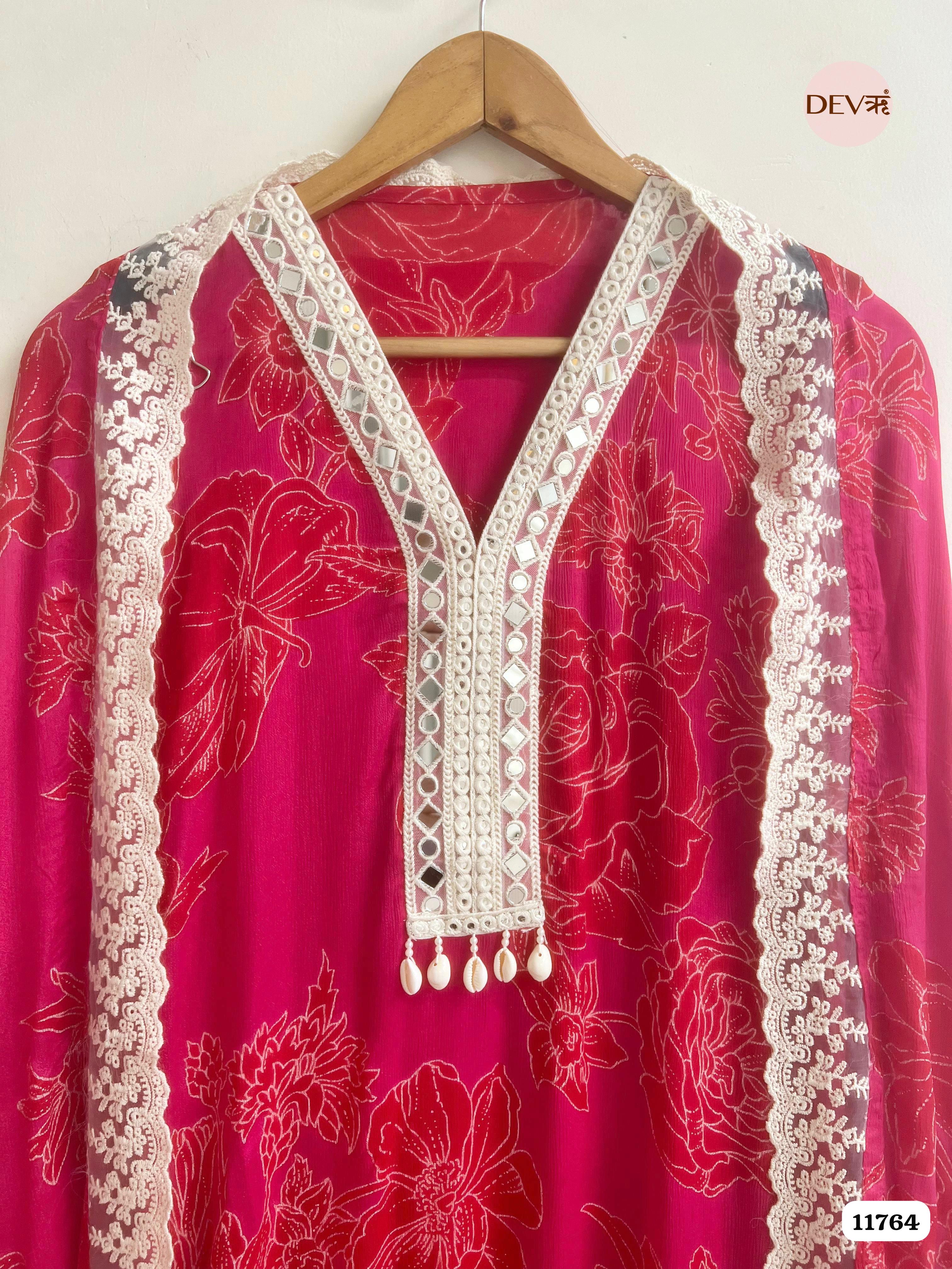 Pink Chinon Unstitched Printed Crocia Laces Set Of 3 {11764}