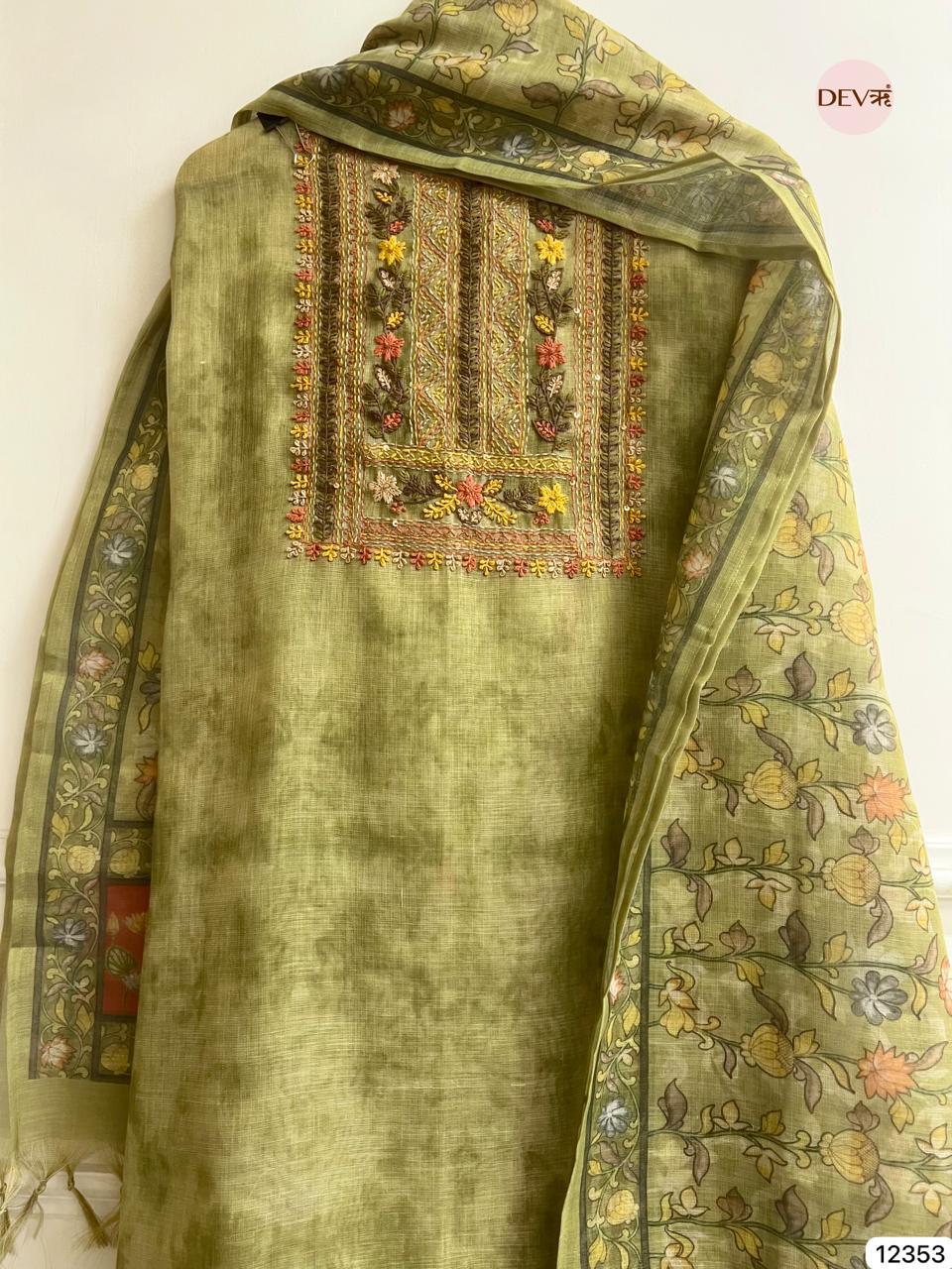 Olive Green Linen Hand Embroidered Unstitched 3-Piece Suit (Devri – D.No 12353)