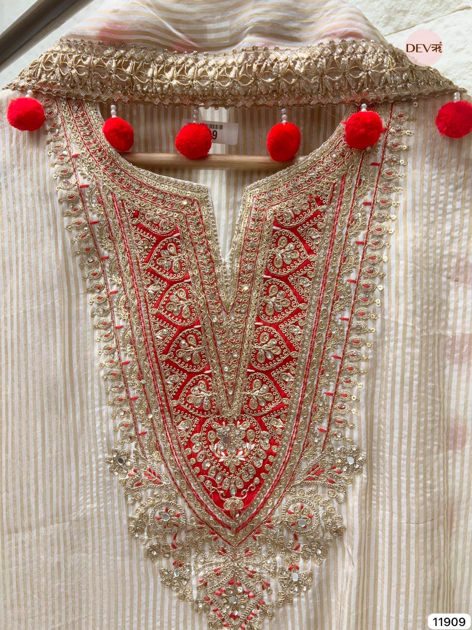 Cream Colour Tissue Shimmer Silk Unstitched Hand Embroidered -Set Of 3 - {11909}