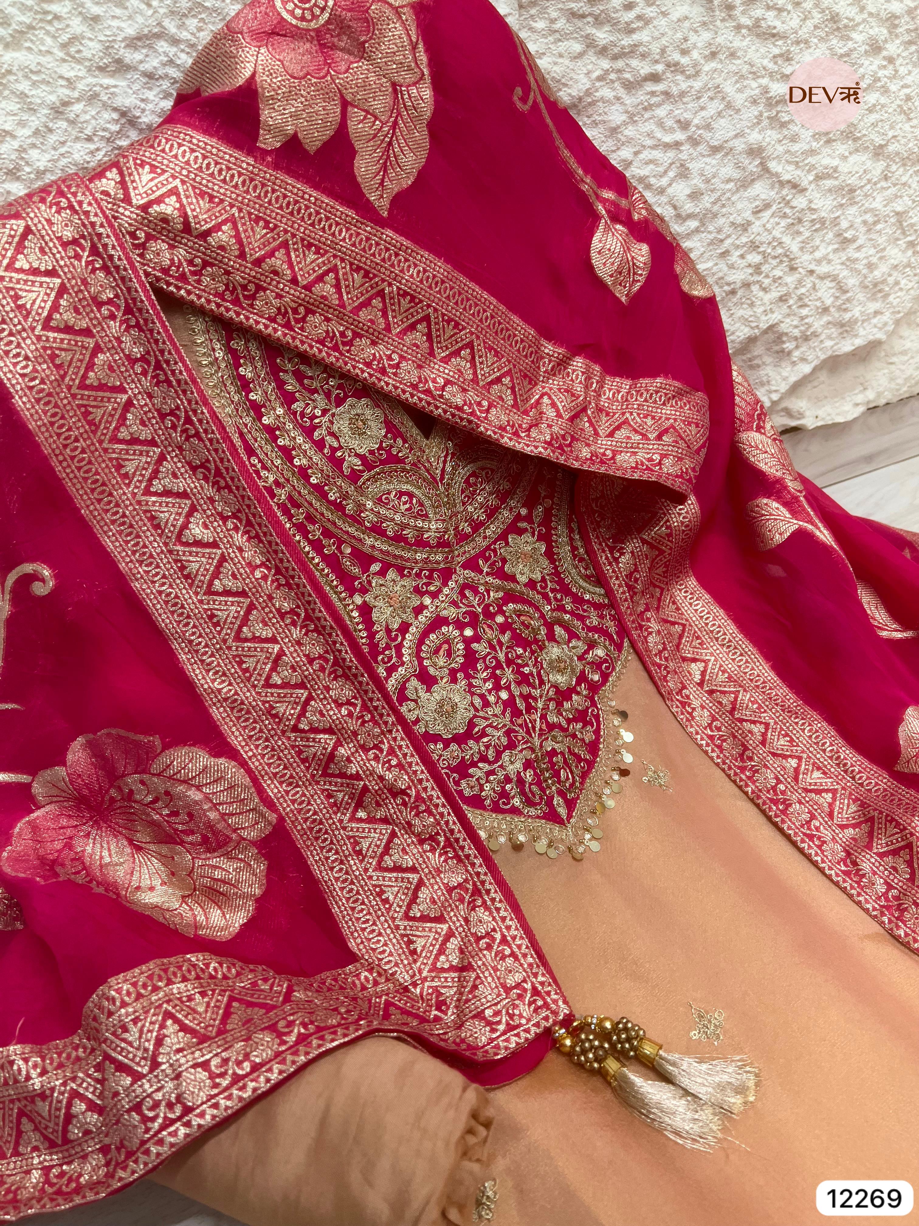 Peach–Rani Tissue Shimmer Silk Embroidered Unstitched 3-Piece Suit (Devri – D.No 12269)