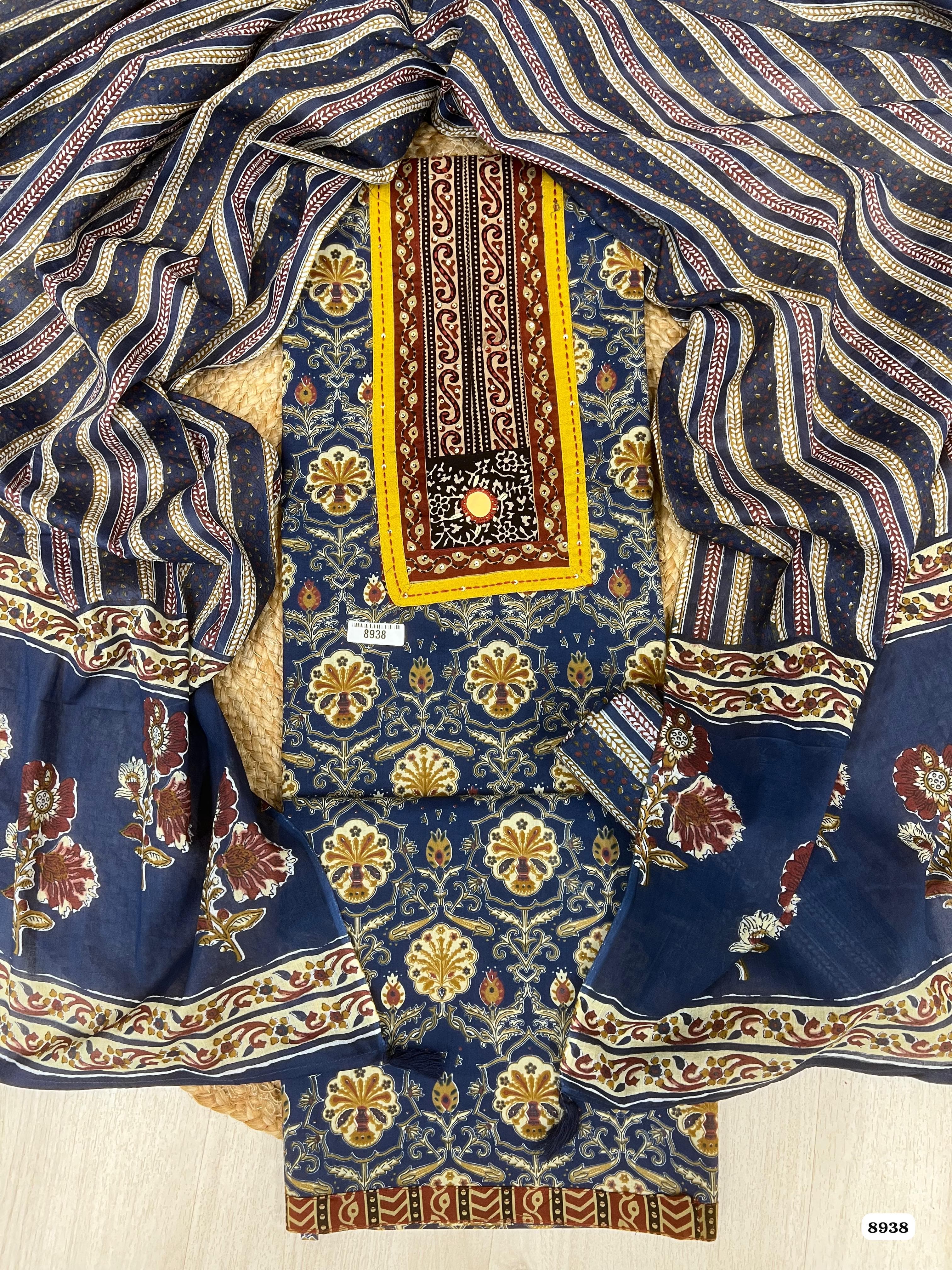 Blue Cotton Printed Unstitched Hand Embroidered -Set Of 3 {8938}