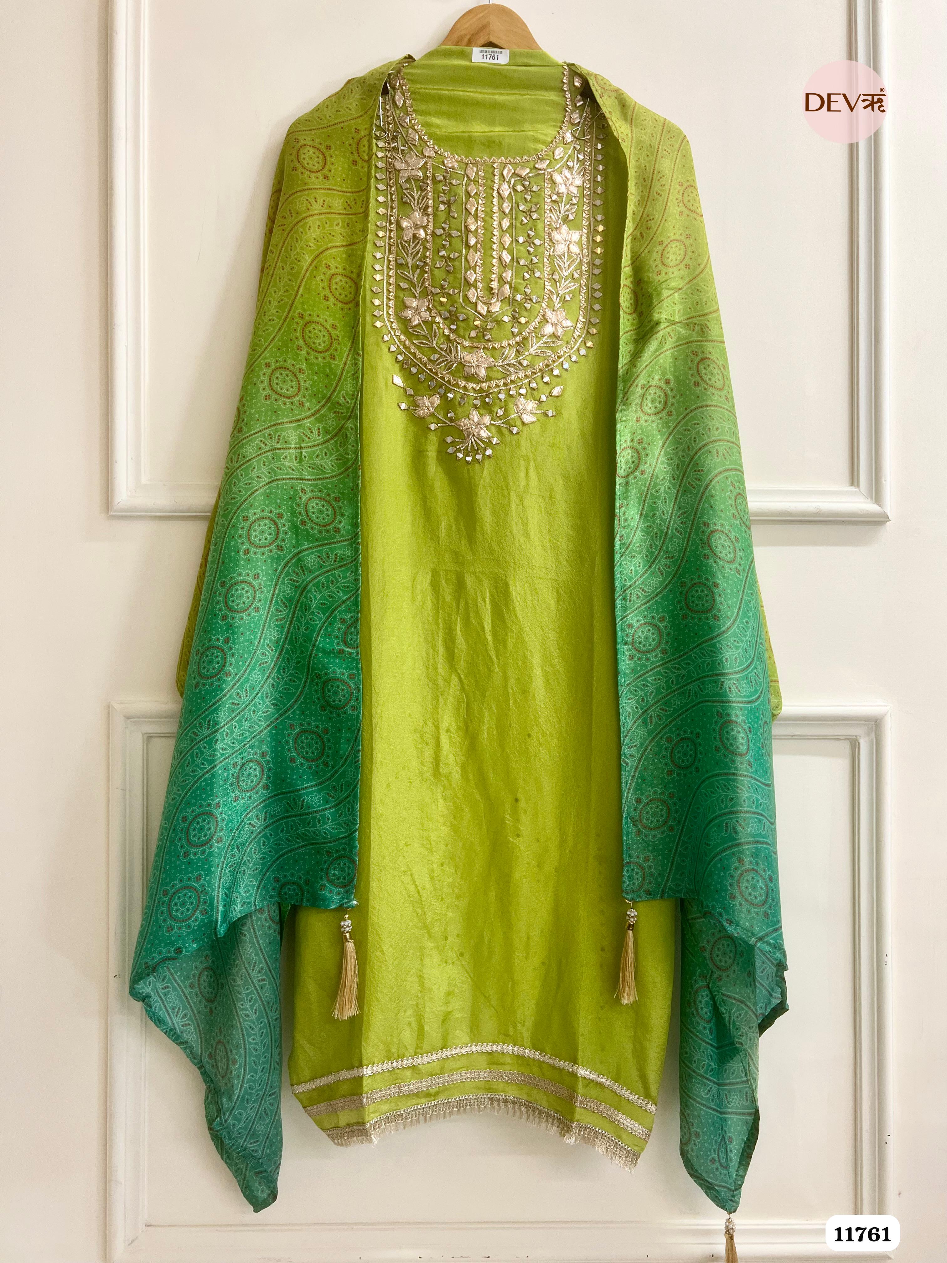 Green Tissue Silk Unstitched hand Embroidered -Set Of 3 {11761}