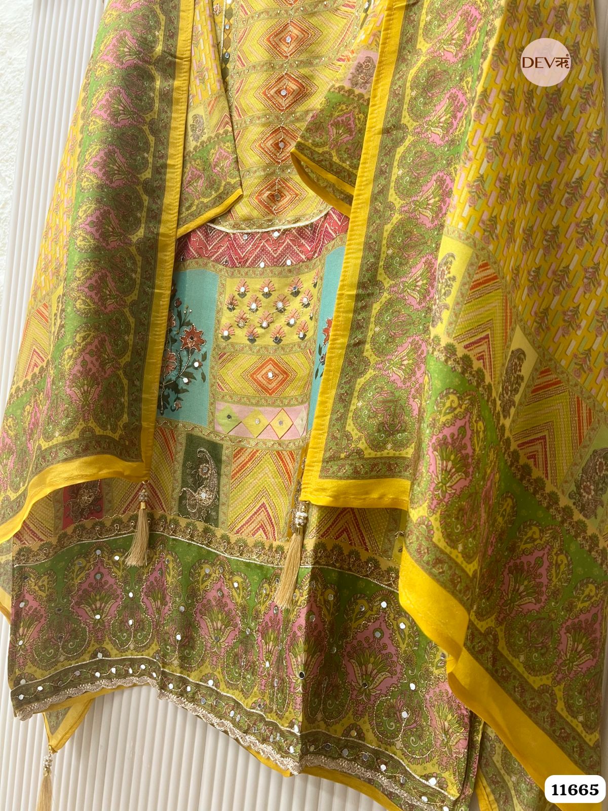 Yellow Tissue Silk Unstitched Printed Hand Embroidered -Set Of 3 {11665}