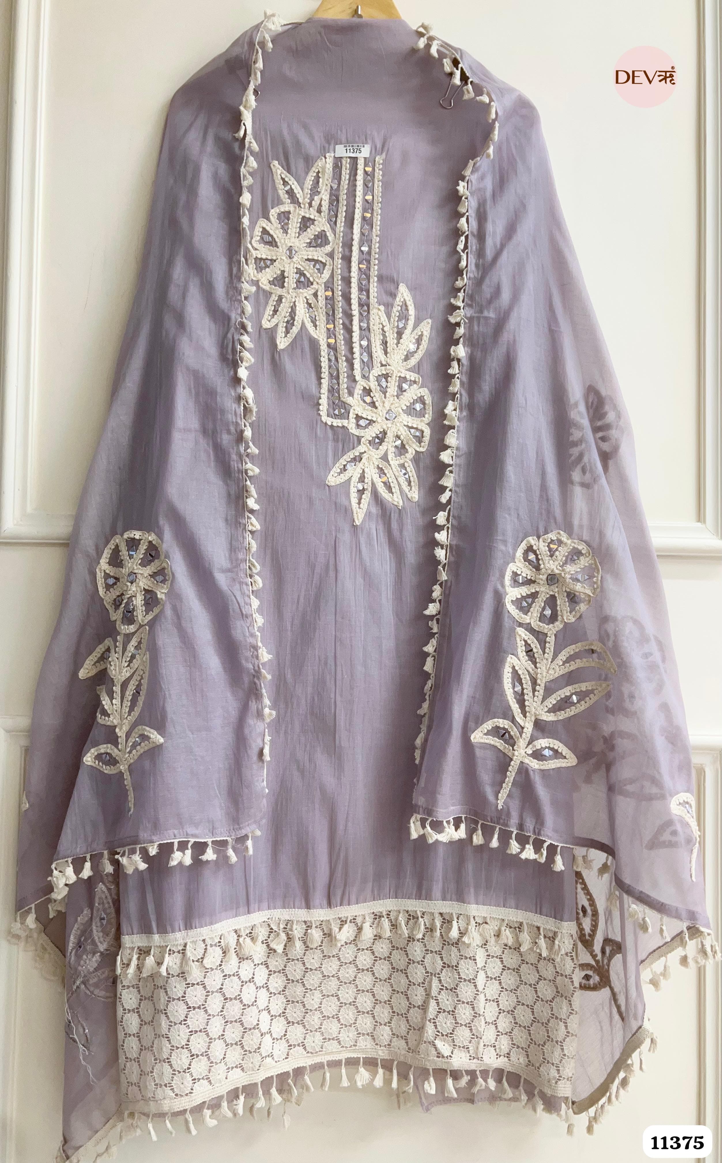 Lavender Mul Chanderi Unstitched Hand Embroidered -Set Of 3 {11375}