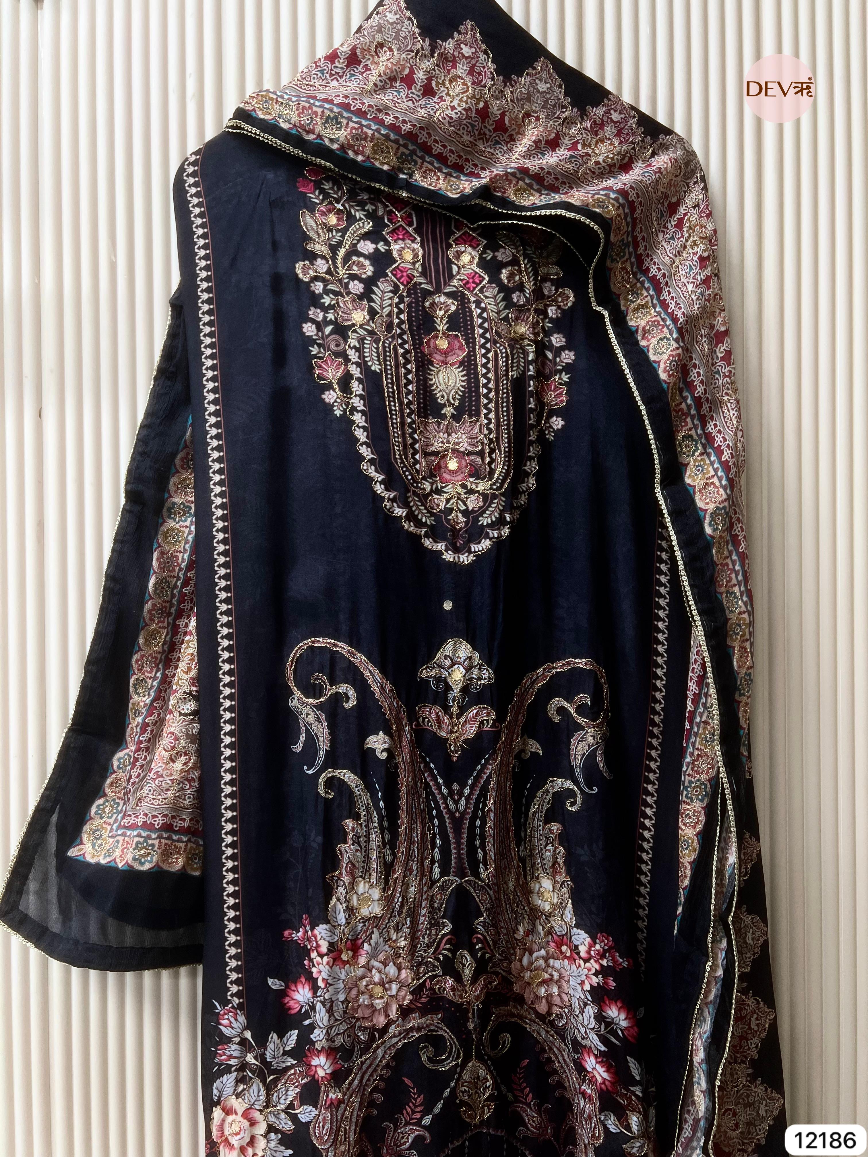 Black Pure Muslin Unstitched Unstitched Printed - Set of 3 - {12186}