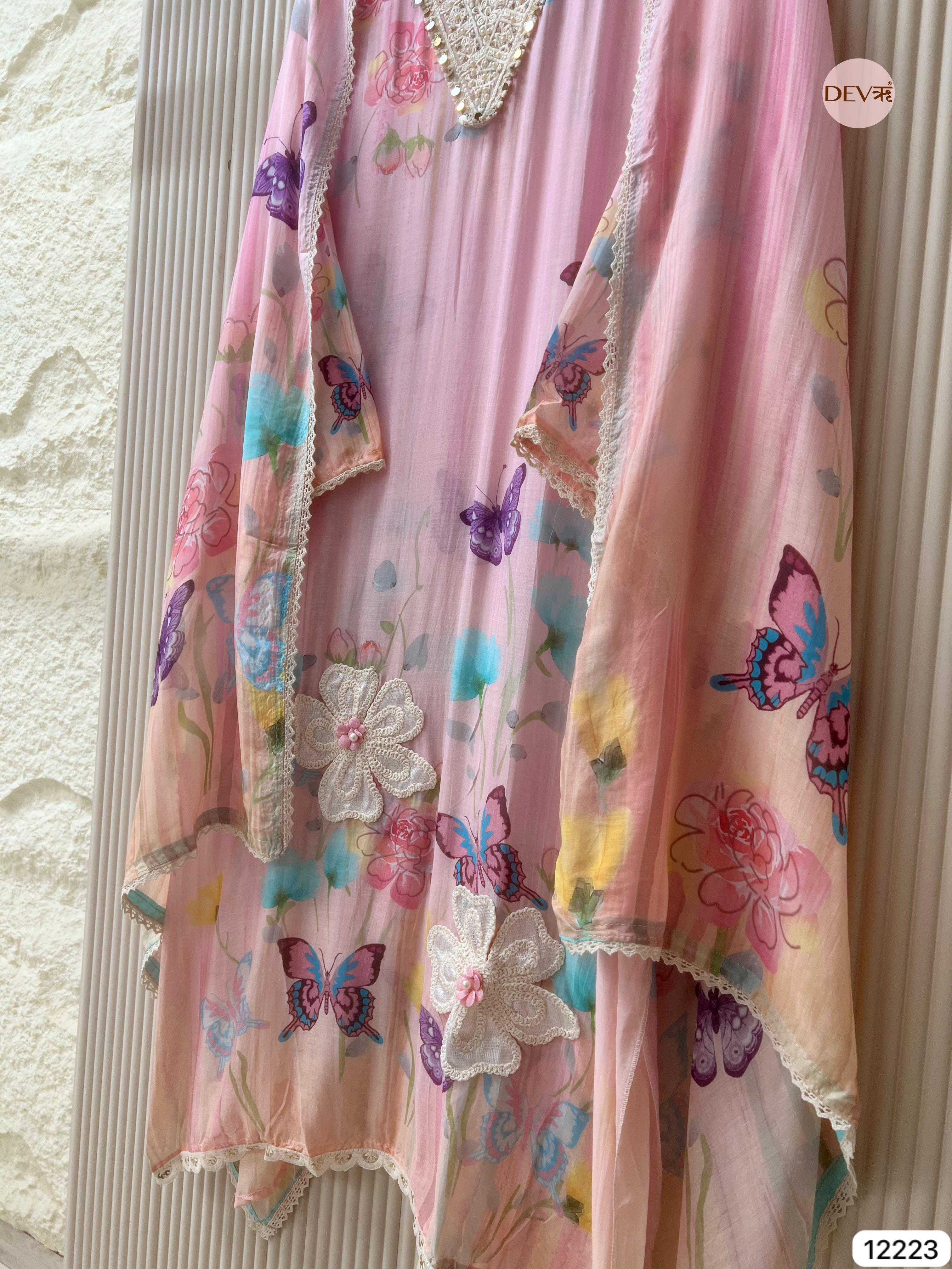 Soft Pink Mul Chanderi Butterfly Printed Unstitched 3-Piece Suit (Devri – D.No 12223)