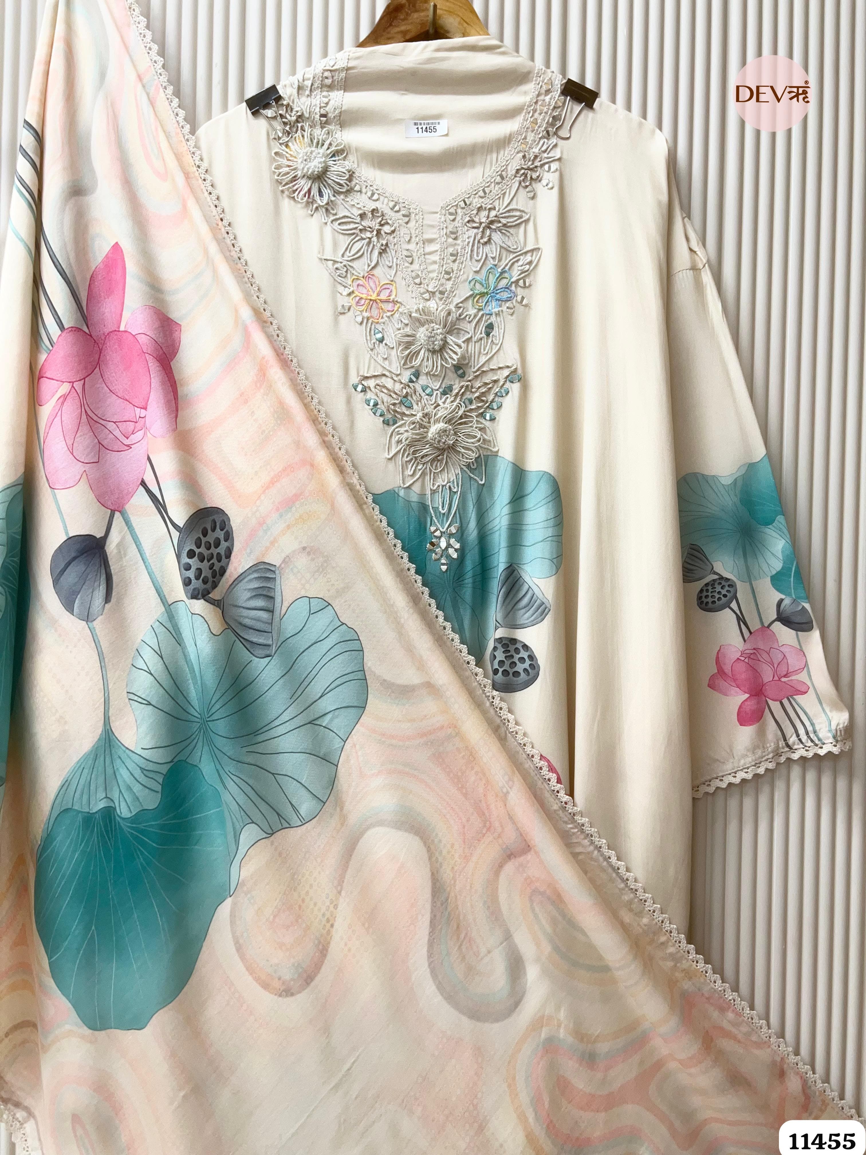 Off-White Or Cream Muslin Printed Semi - Stitched Hand Embroidered -Set Of 3 {11455}
