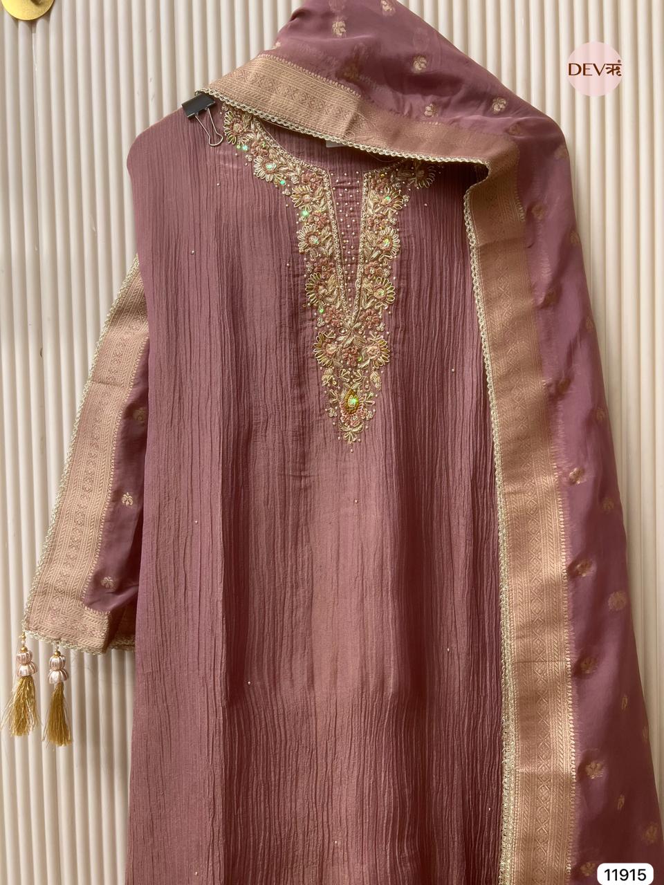 Purple Pure Tissue Silk Crush Unstitched Hand Embroidered -Set Of 3 - {11915}