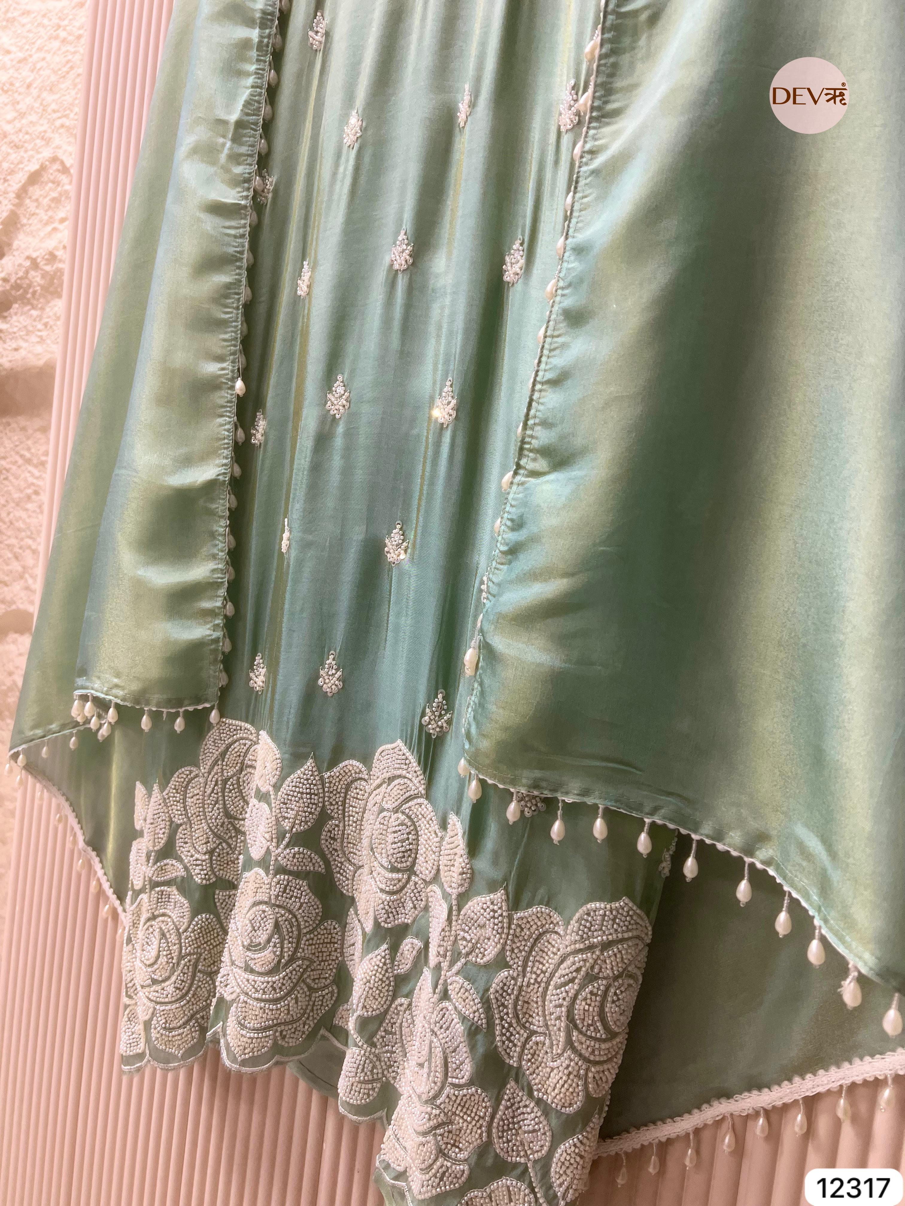 Mint Green Shimmer Silk Embroidered Unstitched 3-Piece Suit (Devri – D.No 12317)