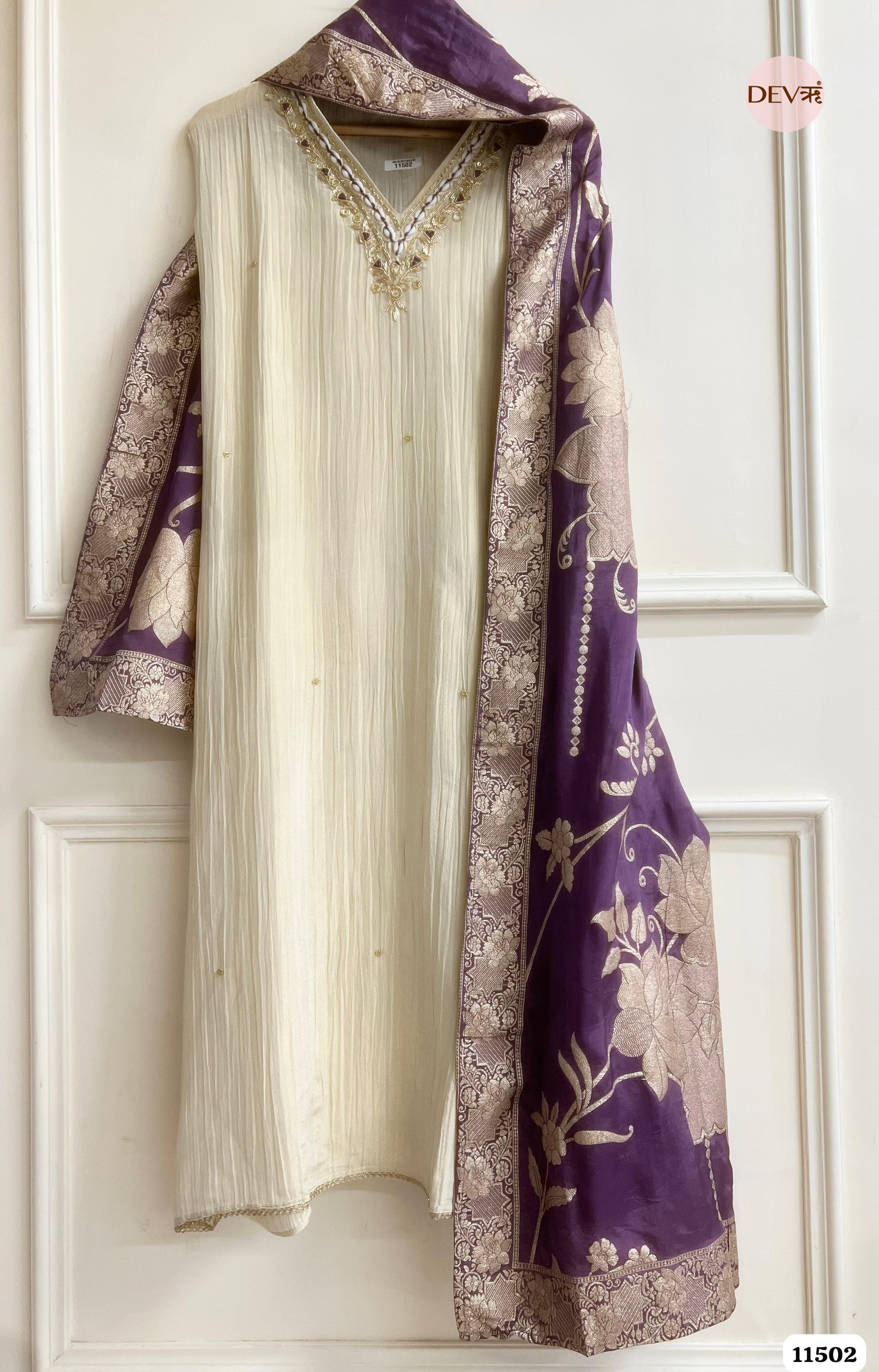 Of White Tissue Crush Silk Unstitched Hand Embroidered -Set Of 3 {11502}