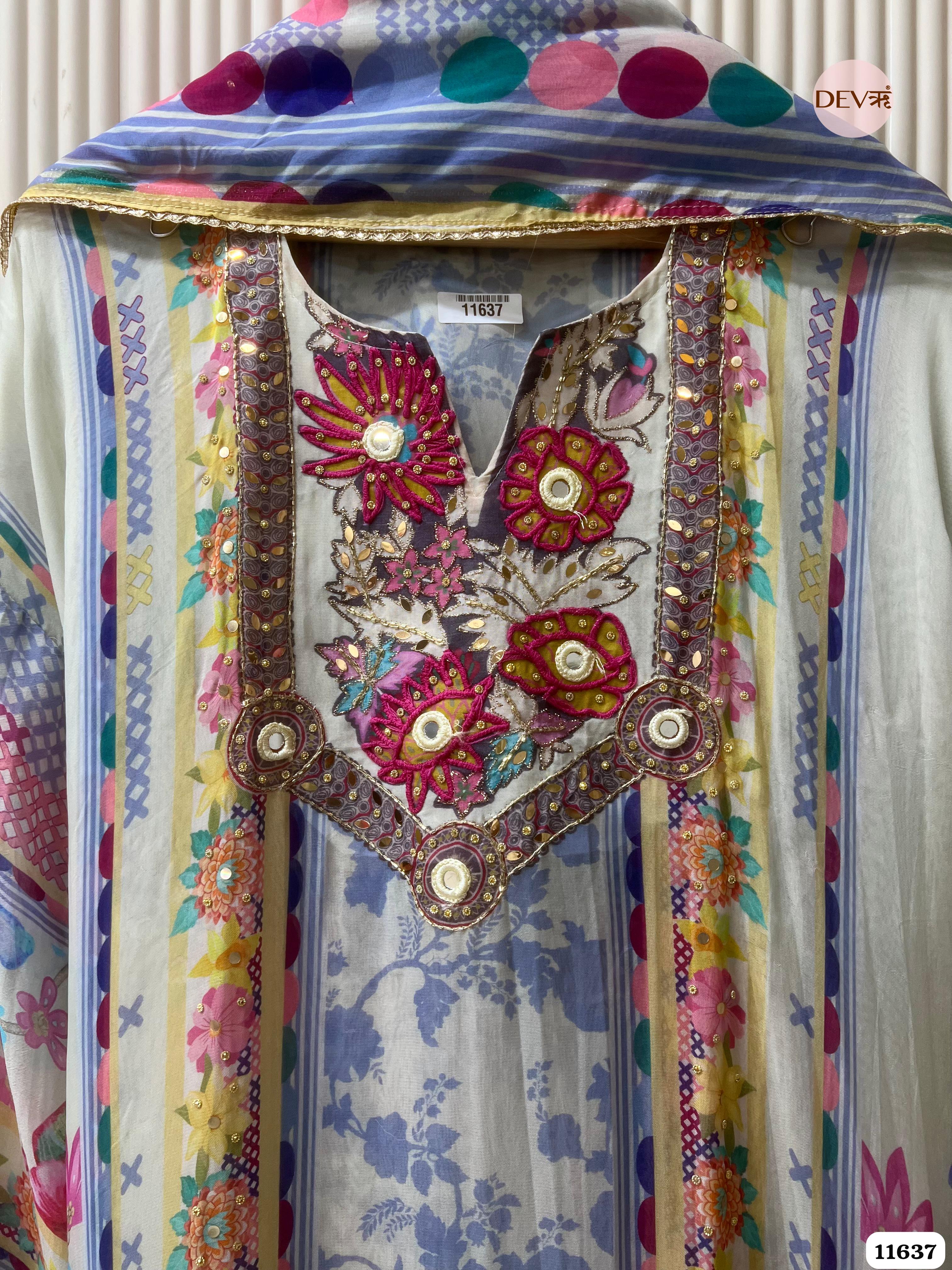 Blue Organza Printed Semi Stitched Hand Embroidered -Set Of 3 {11637}