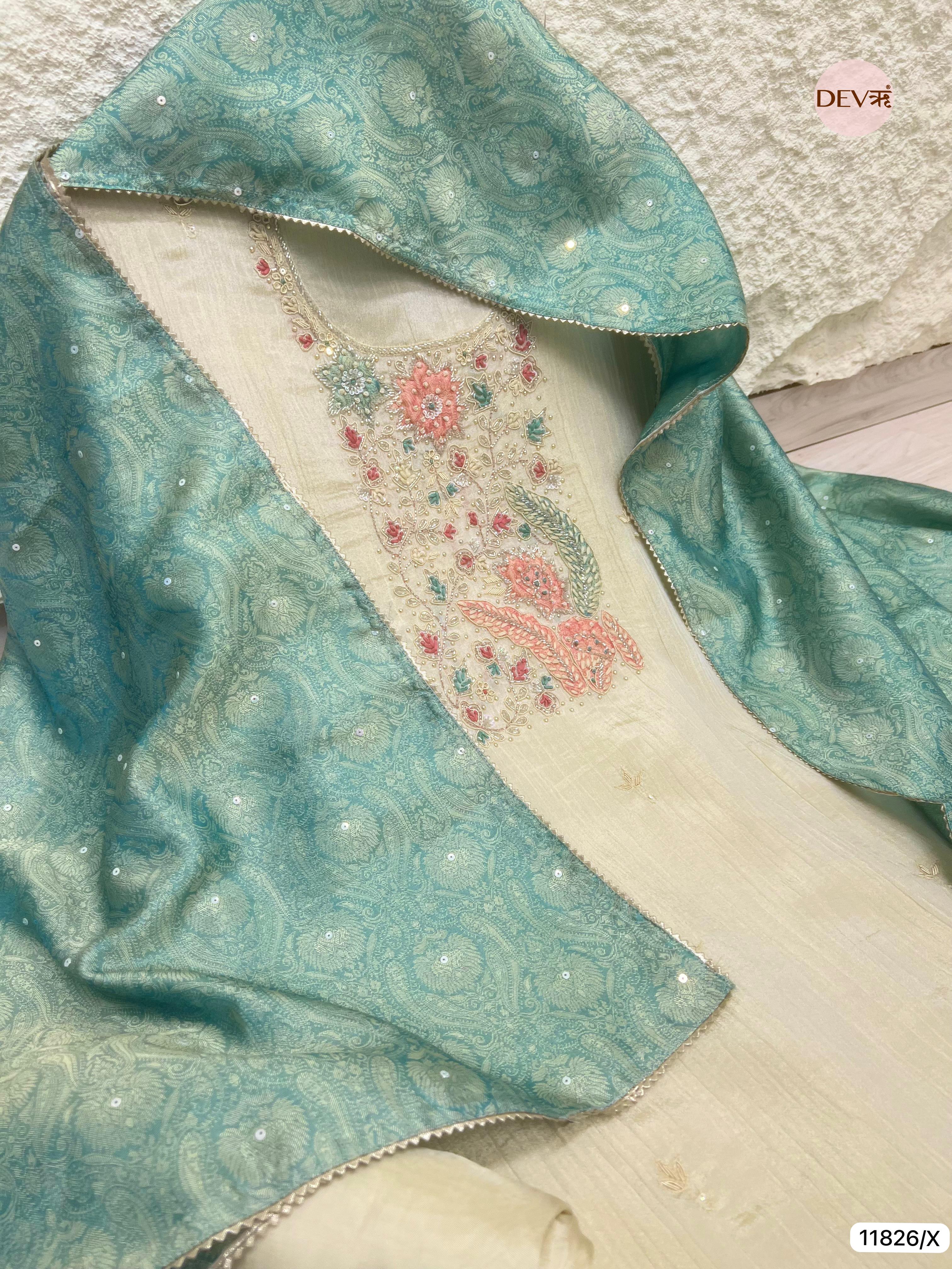 Off White Pure Tissue Crush Silk Unstitched Hand Embroidered -Set Of 3- {11826/X}