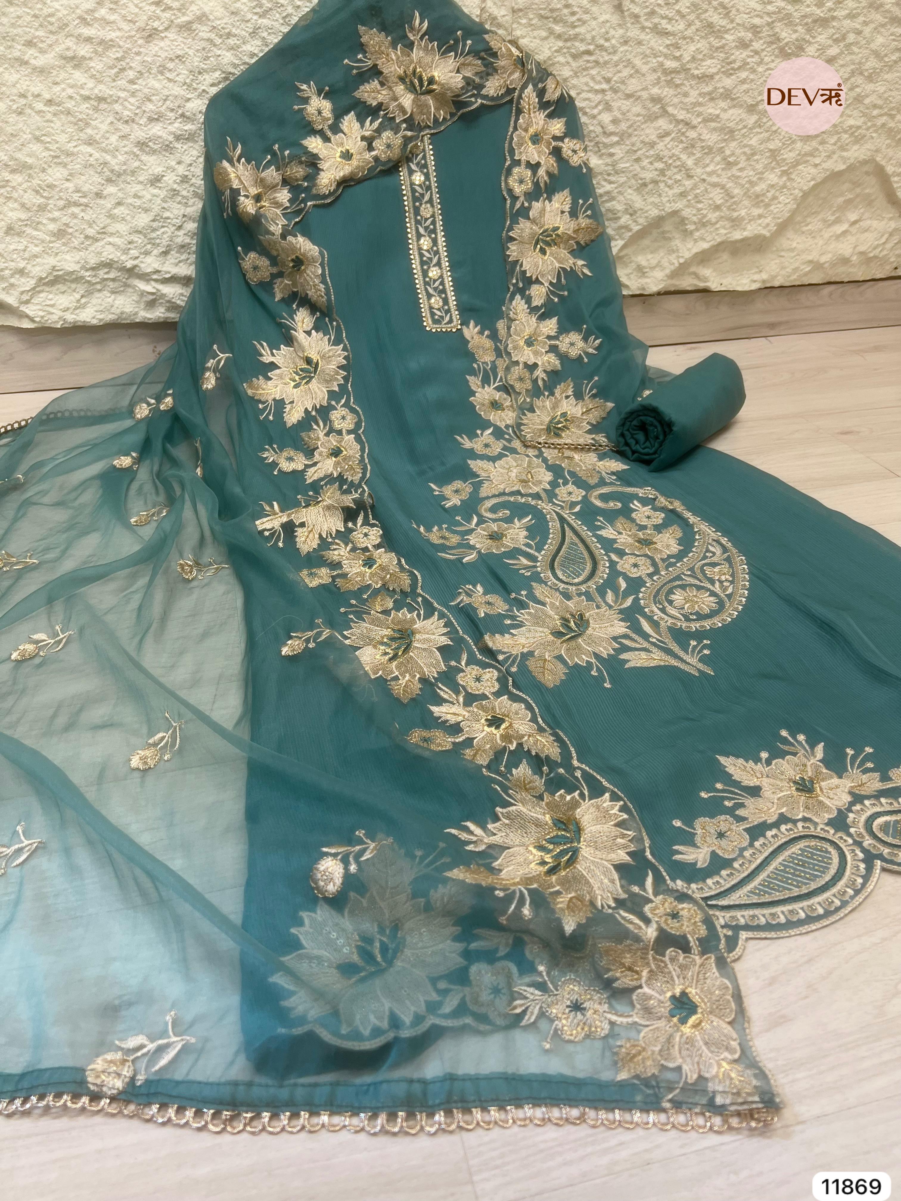 Firozi Blue Tissues Silk Unstitched Embroidered -Set Of 3 - {11869}