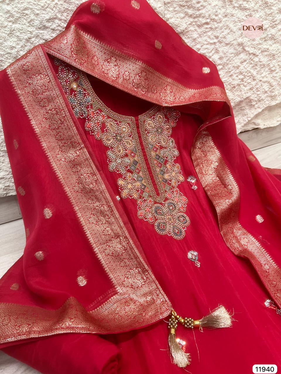 Red Pure Russian Silk Unstitched Hand Embroidered -Set Of 3 - {11940}
