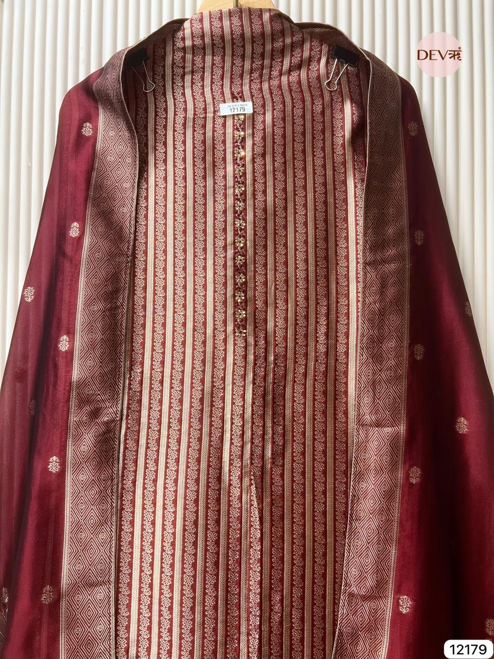 Maroon Pure Banarasi silk Unstitched Hand Embroidered -Set Of 3 - {12179}