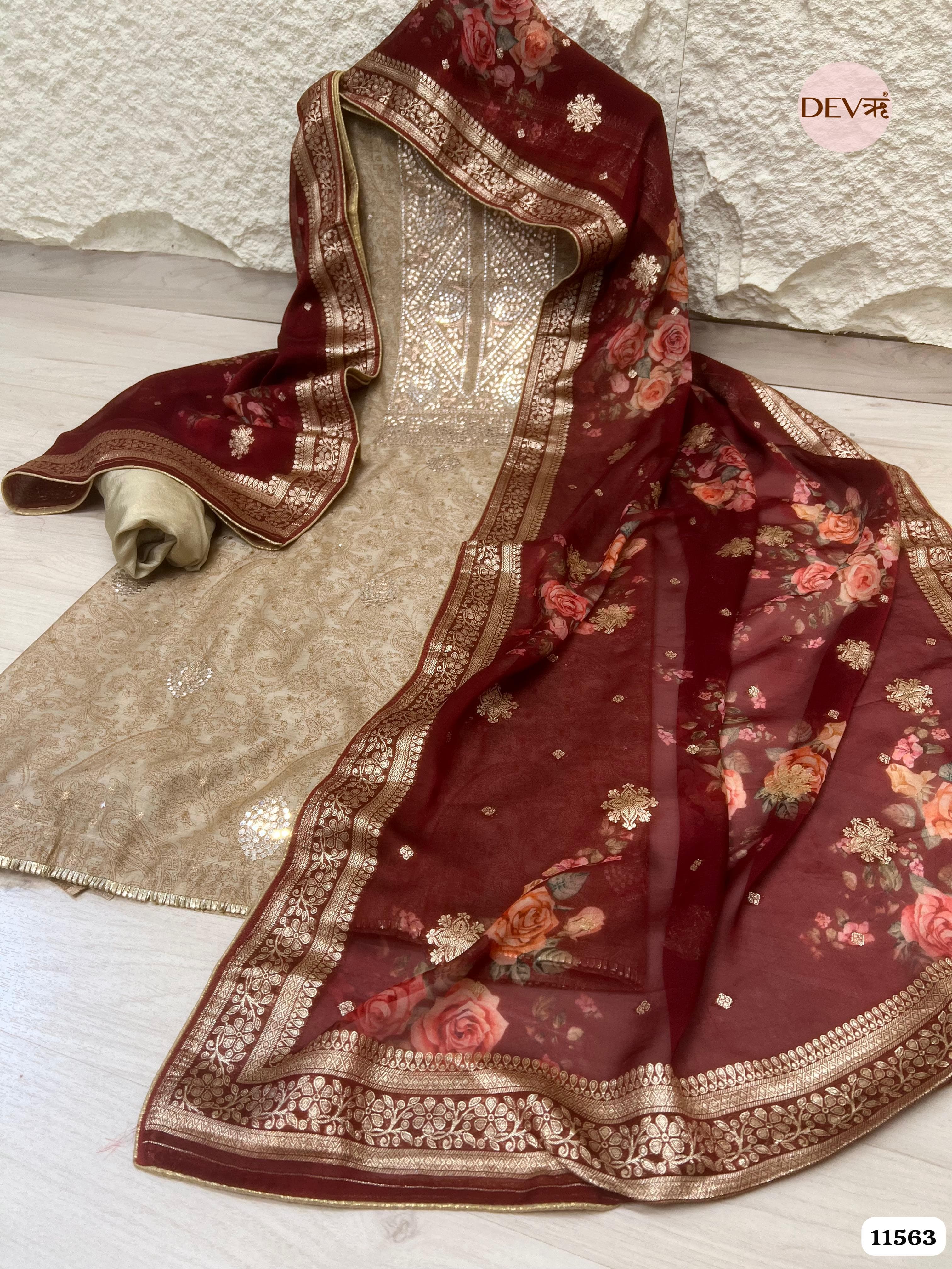 Cream Colour Pure Organza Silk Printed Unstitched Hand Embroidered -Set Of 3 {11563}