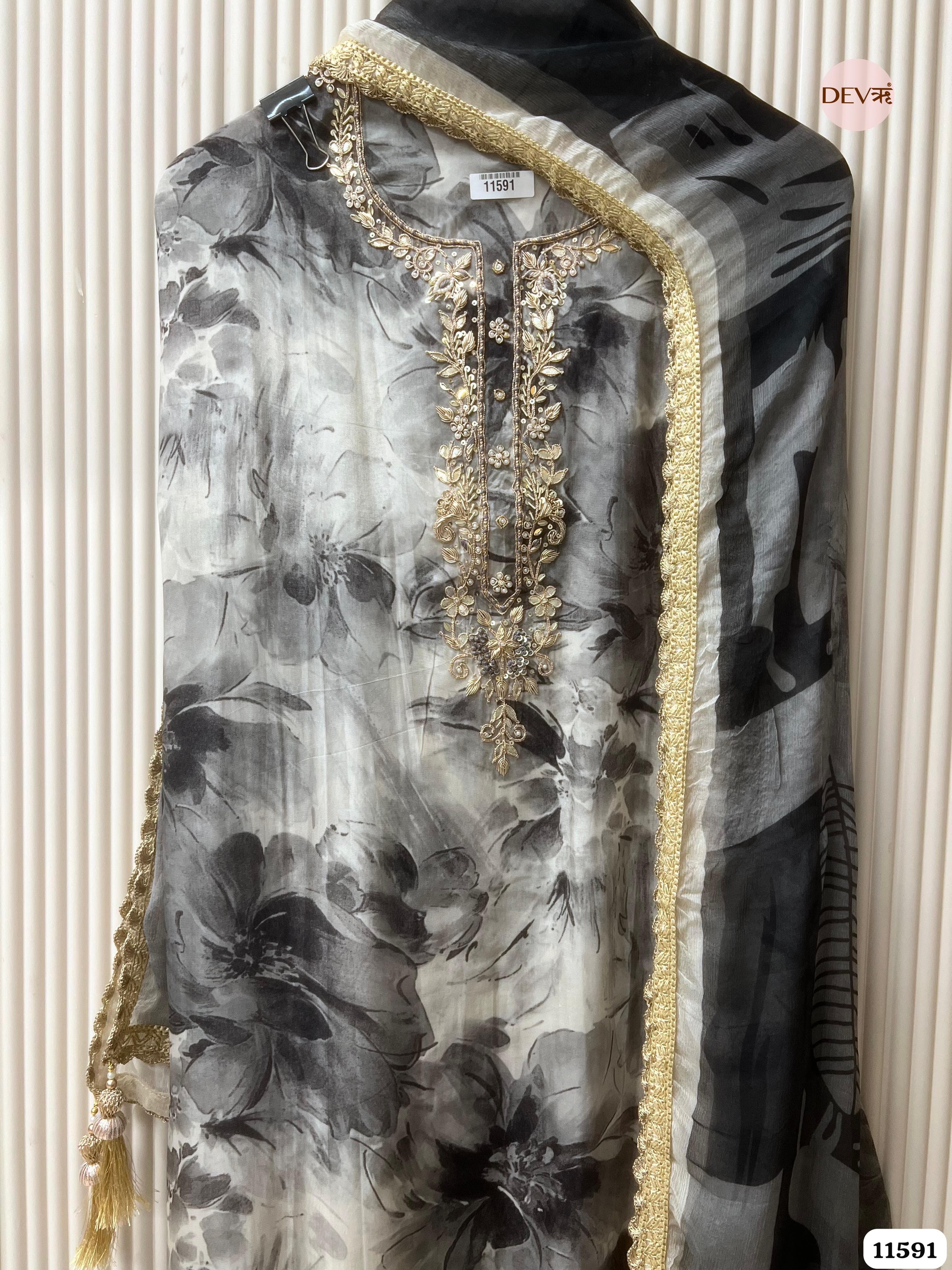 Black Pure Organza Silk Unstitched Hand Embroidered -Set Of 3 {11591}