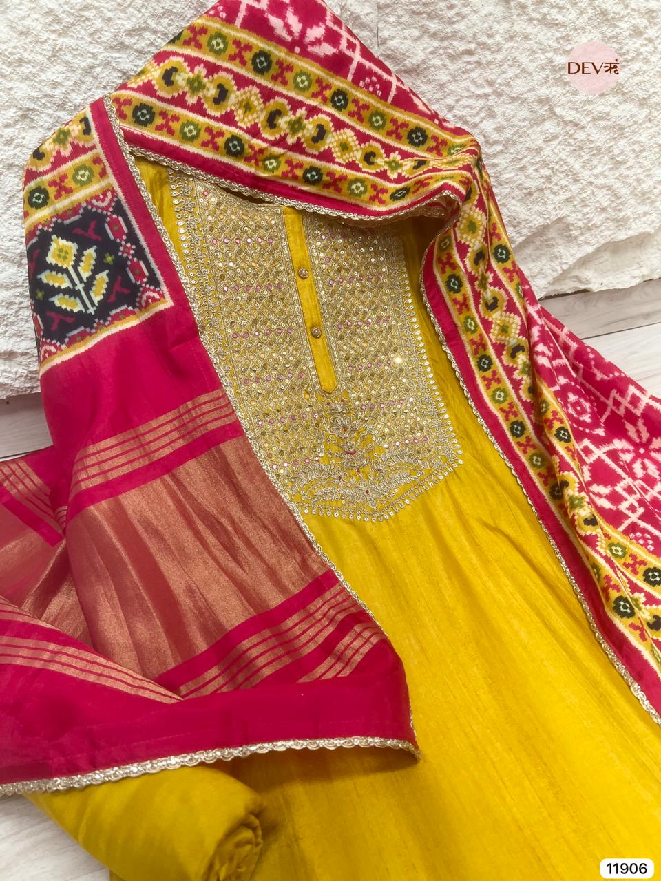 Yellow Pure Russian Silk Unstitched Hand Embroidered -Set Of 3 - {11906}