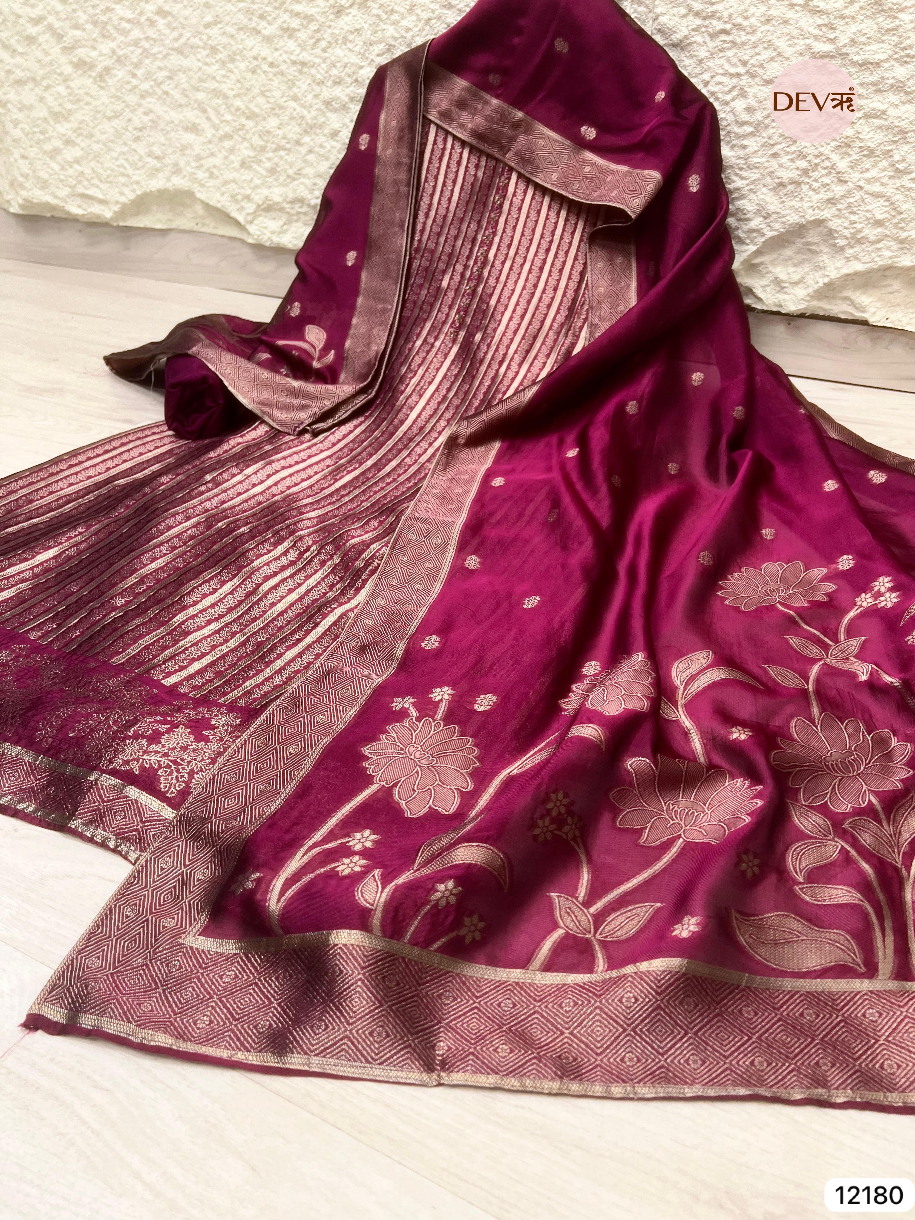 Maroon Pure Banarasi Silk Unstitched Hand Embroidered-Set of 3 - {12180}