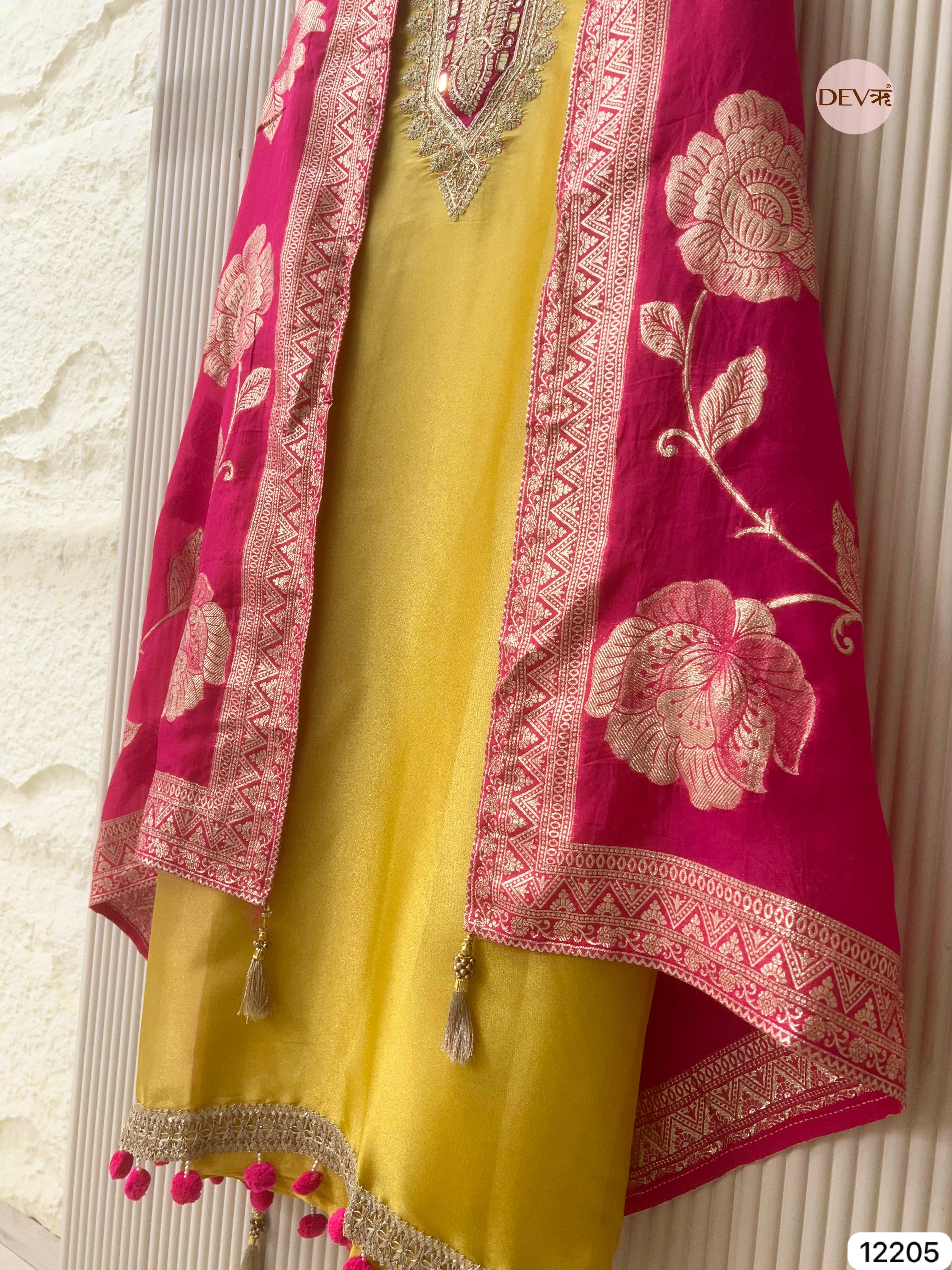 Yellow Shimmer Silk Embroidered Unstitched 3-Piece Suit (Devri – D.No 12205)