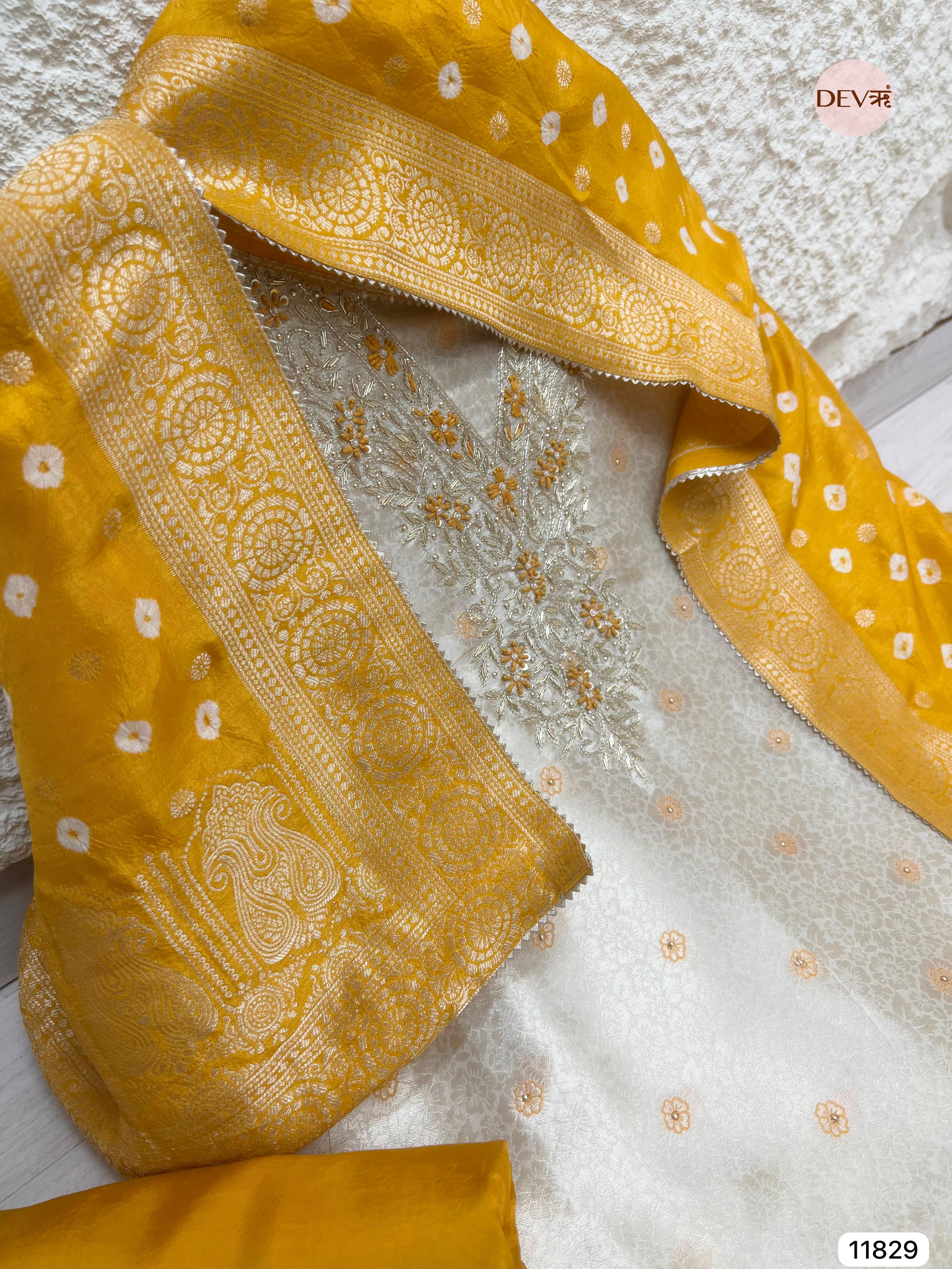 Cream Colour Pure Tissue Shimmer Silk Unstitched Hand Embroidered -Set Of 3- {11829}