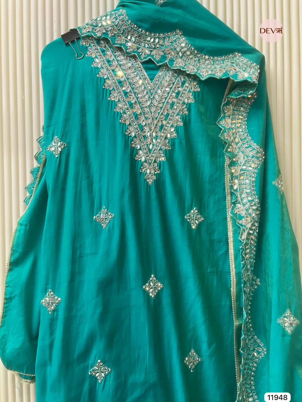 Greenish-Blue Modal Silk Unstitched Hand Embroidered -Set Of 3 - {11948}
