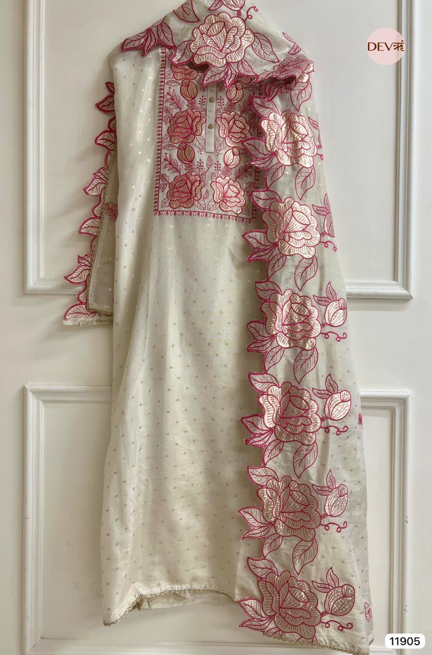 Cream Colour Pure Tissue Shimmer Unstitched Embroidered -Set Of 3 - {11905}