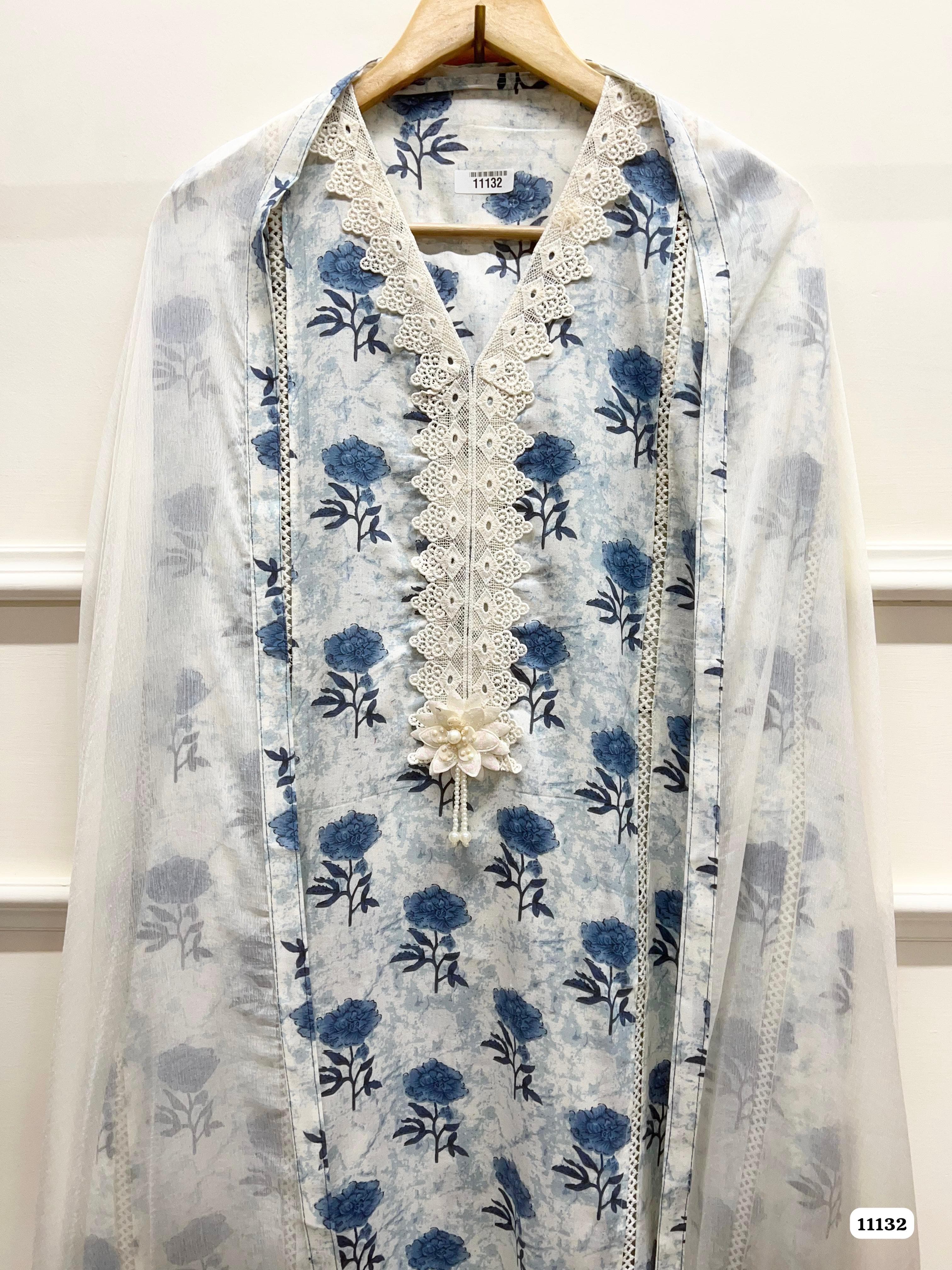 Blue Cotton Unstitched Printed Embroidered -set of 3
