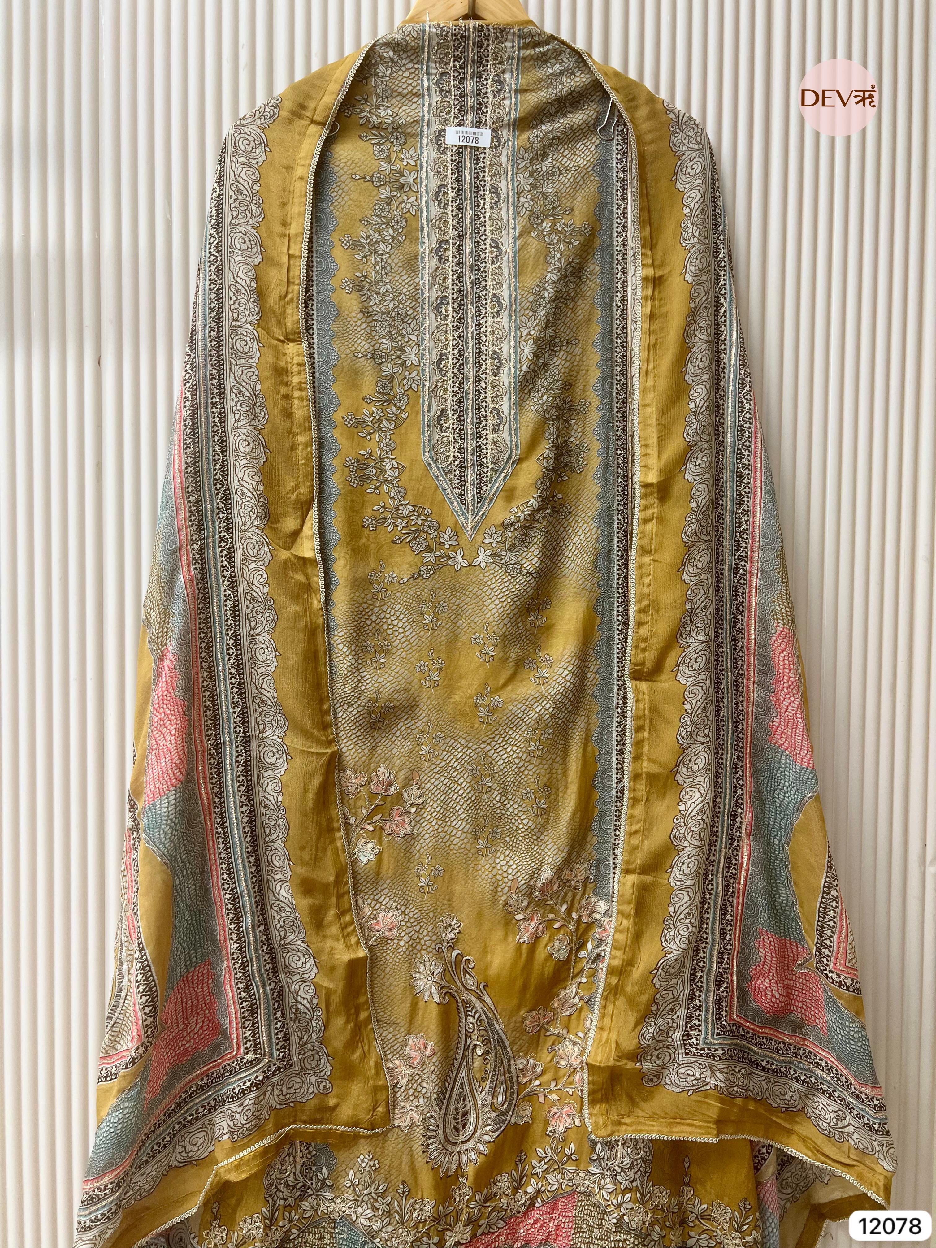 Yellow Pure Muslin Unstitched Printed With Hand Zardosi Embroidery -Set Of 3 - {12078}