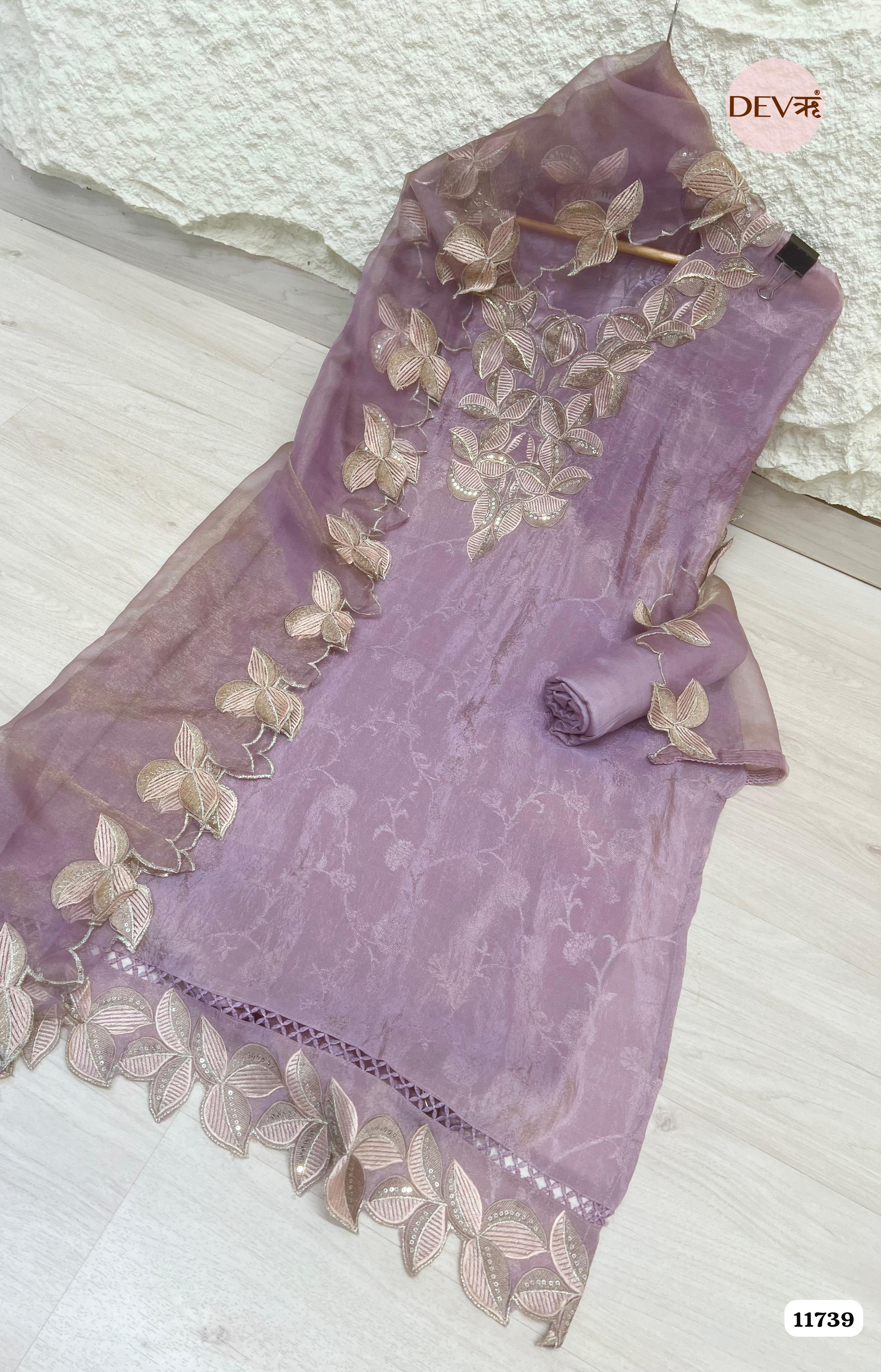 Purple Tissue Silk Woven Unstitched Embroidered -Set Of 3 {11739}