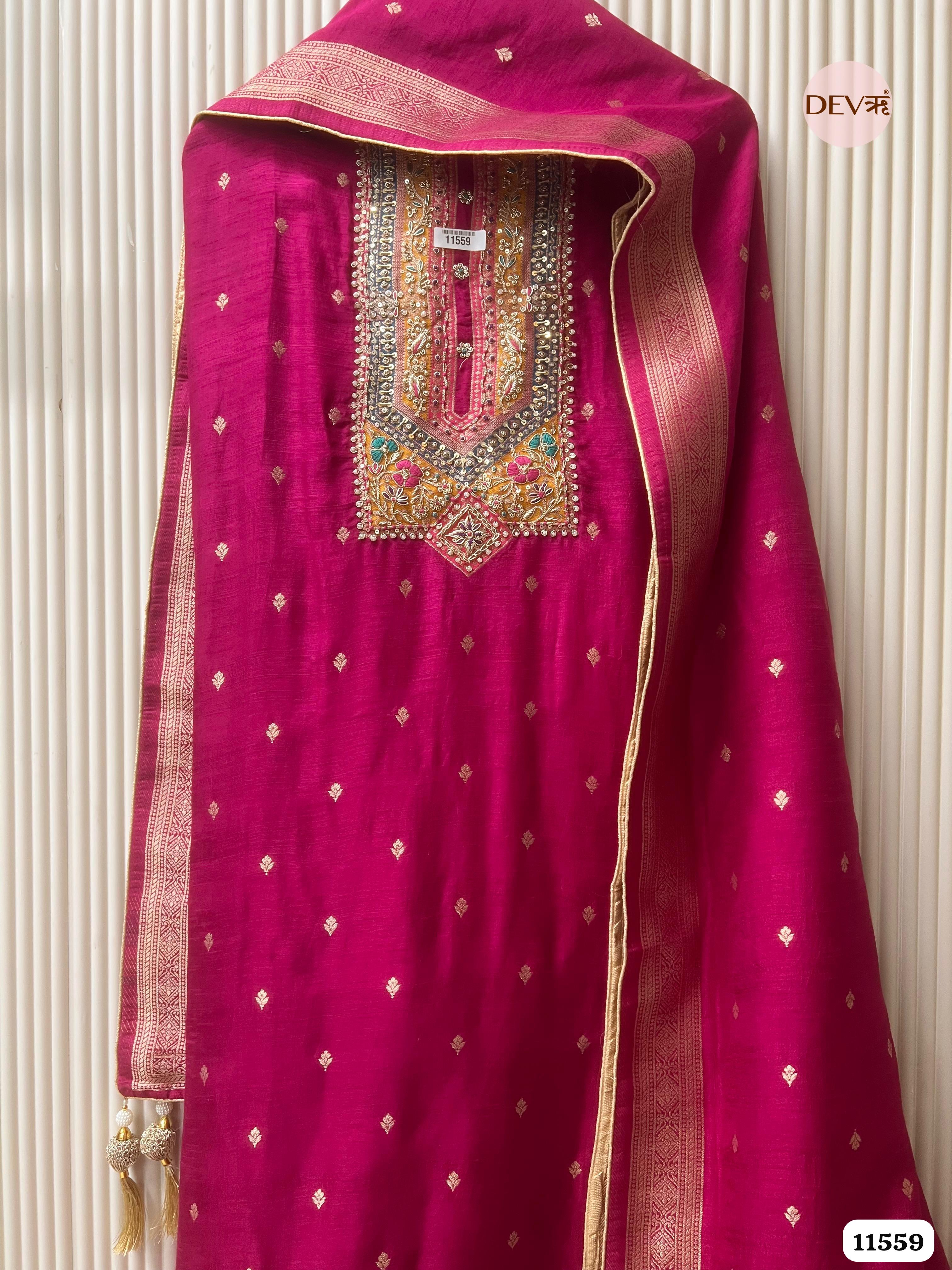 Red Dola silk Banarasi Weave Unstitched Hand Embroidered -Set Of 3 {11559}