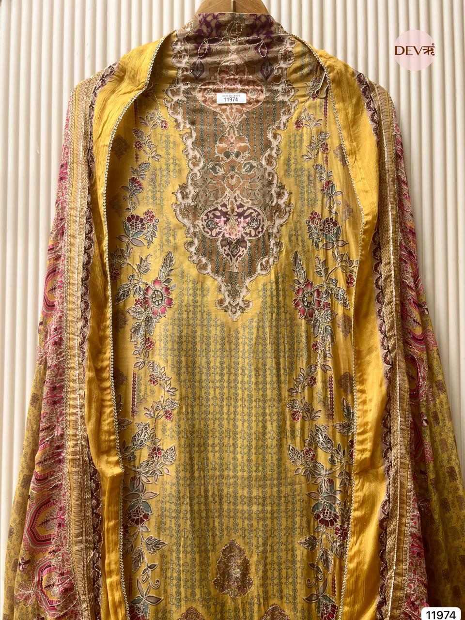 Mustard Gold Pure Muslin Printed Unstitched 3-Piece Suit (Devri – D.No 11974)