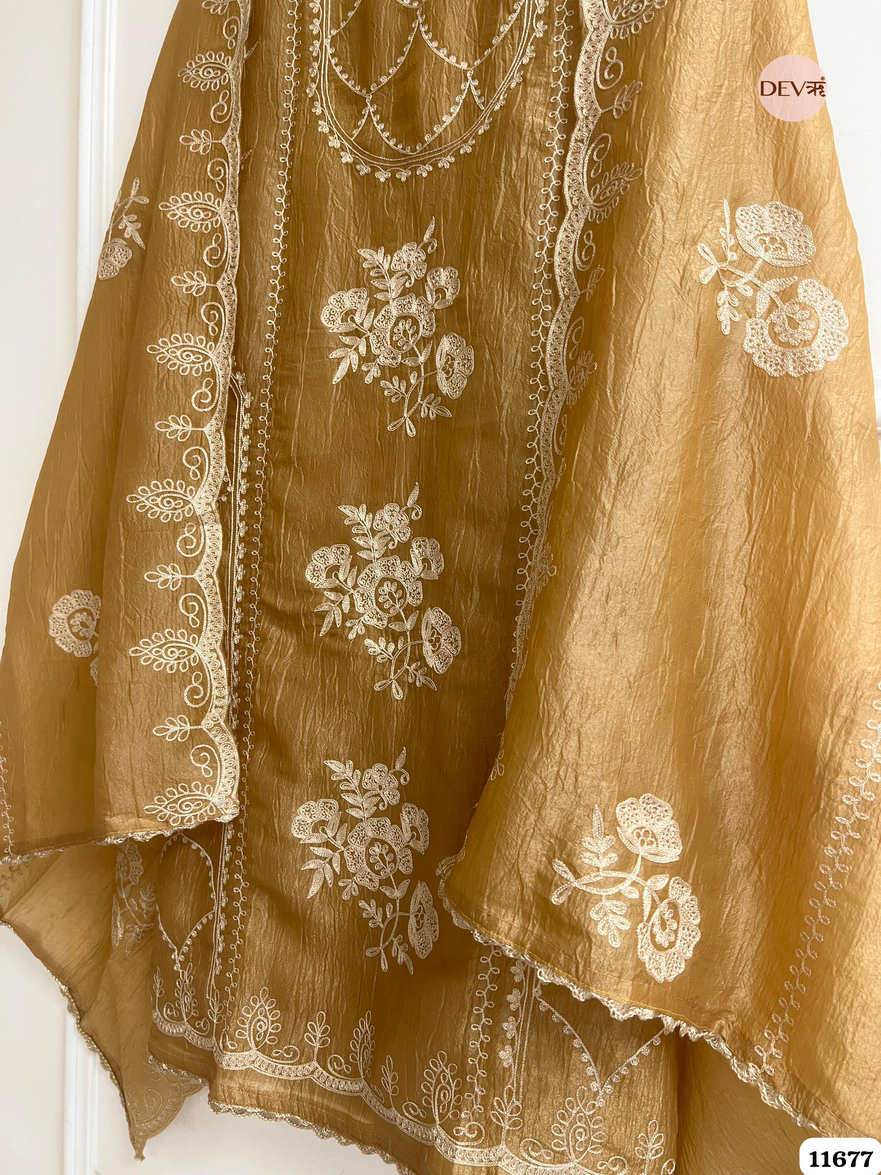 Brownish-Gold Tissue Crush Unstitched Embroidered -Set Of 3 {11677}