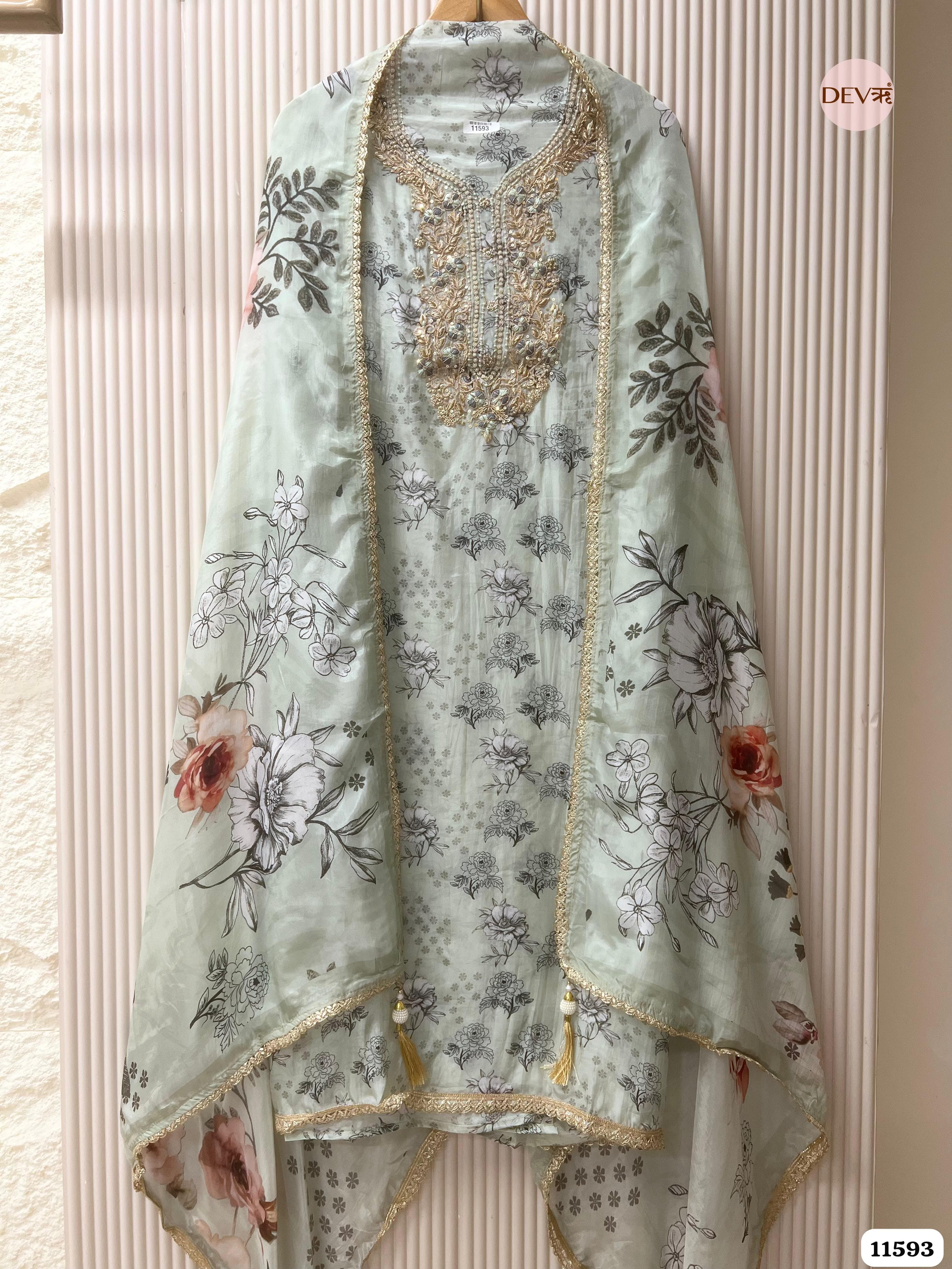 Mint Green Pure Organza Silk Unstitched Printed Hand Embroidered -Set Of 3 {11593}