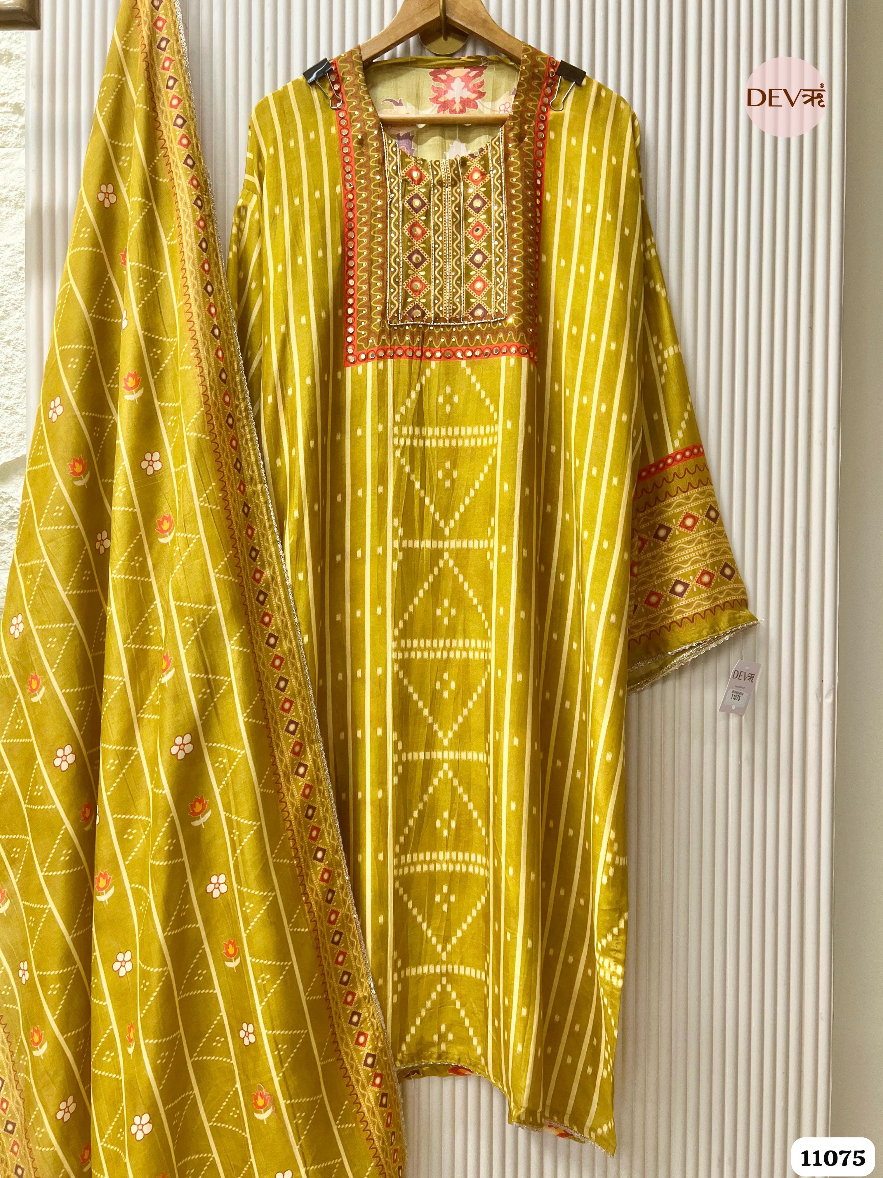 Yellow Muslin Printed Semi Stitched Hand Embroidered -Set Of 3
