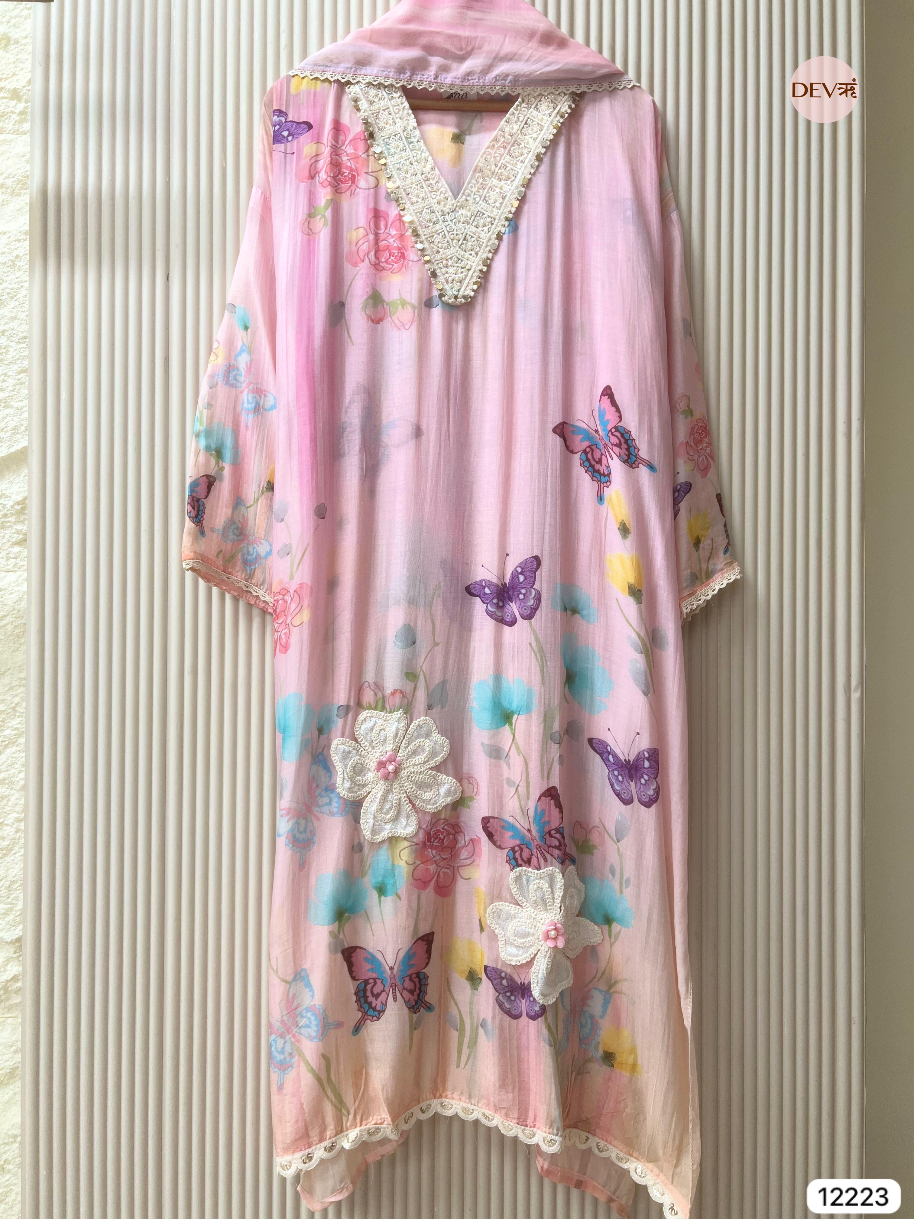 Soft Pink Mul Chanderi Butterfly Printed Unstitched 3-Piece Suit (Devri – D.No 12223)