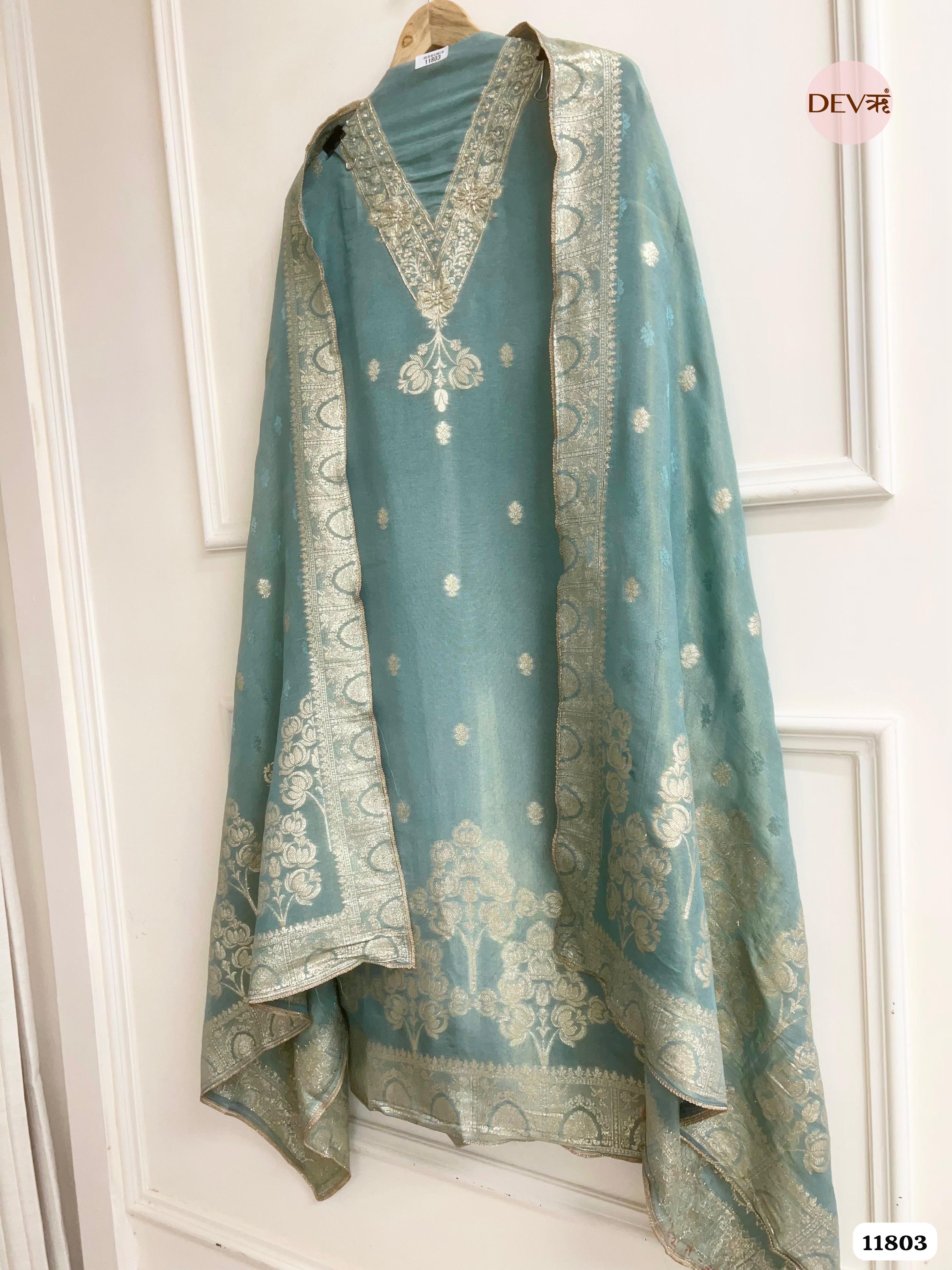 Green Tissue Silk Unstitched Banarasi Weave Hand Embroidered -Set Of 3 {11803}