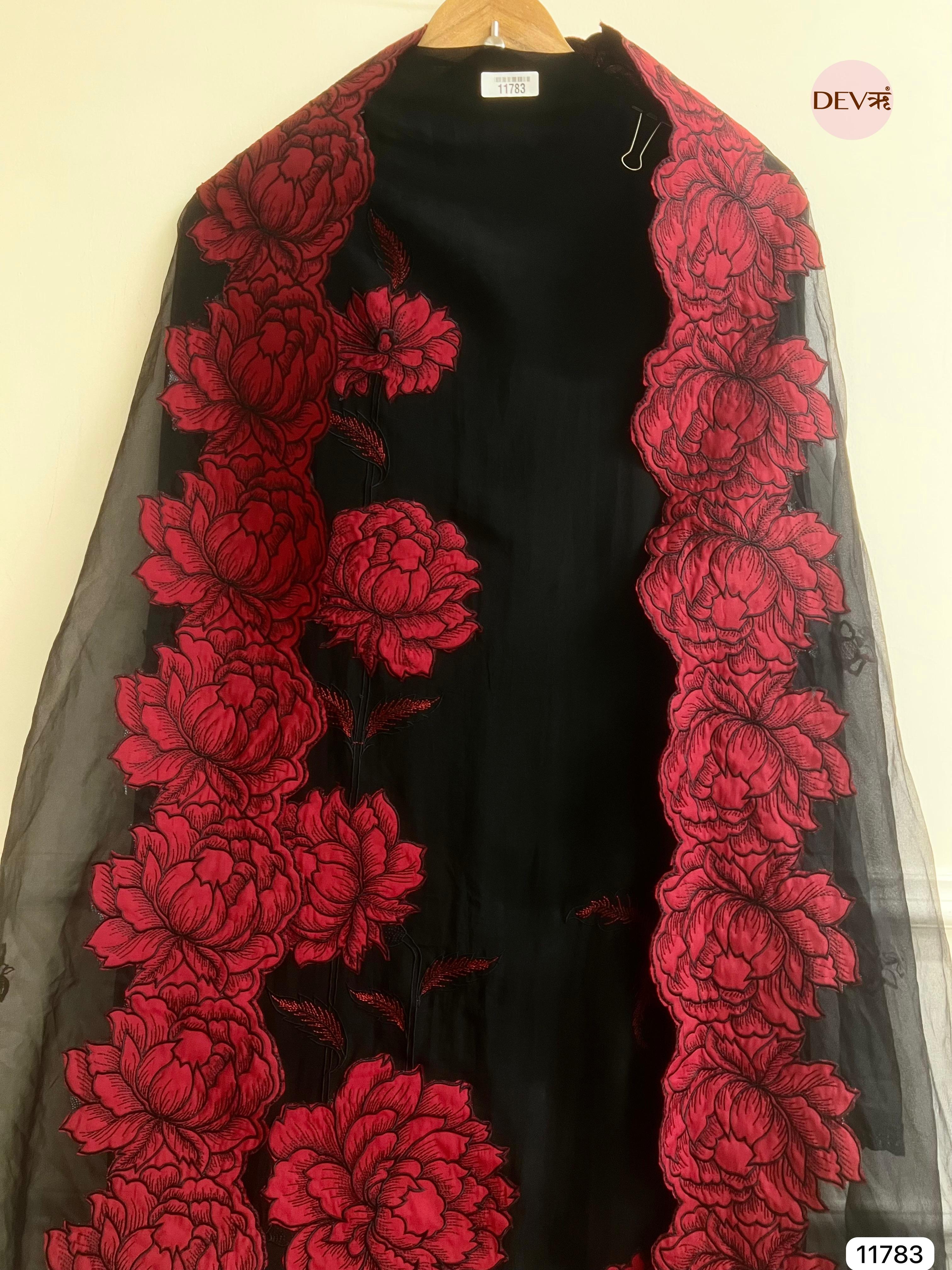 Black Organza Unstitched Embroidered -Set Of 3- {11783}