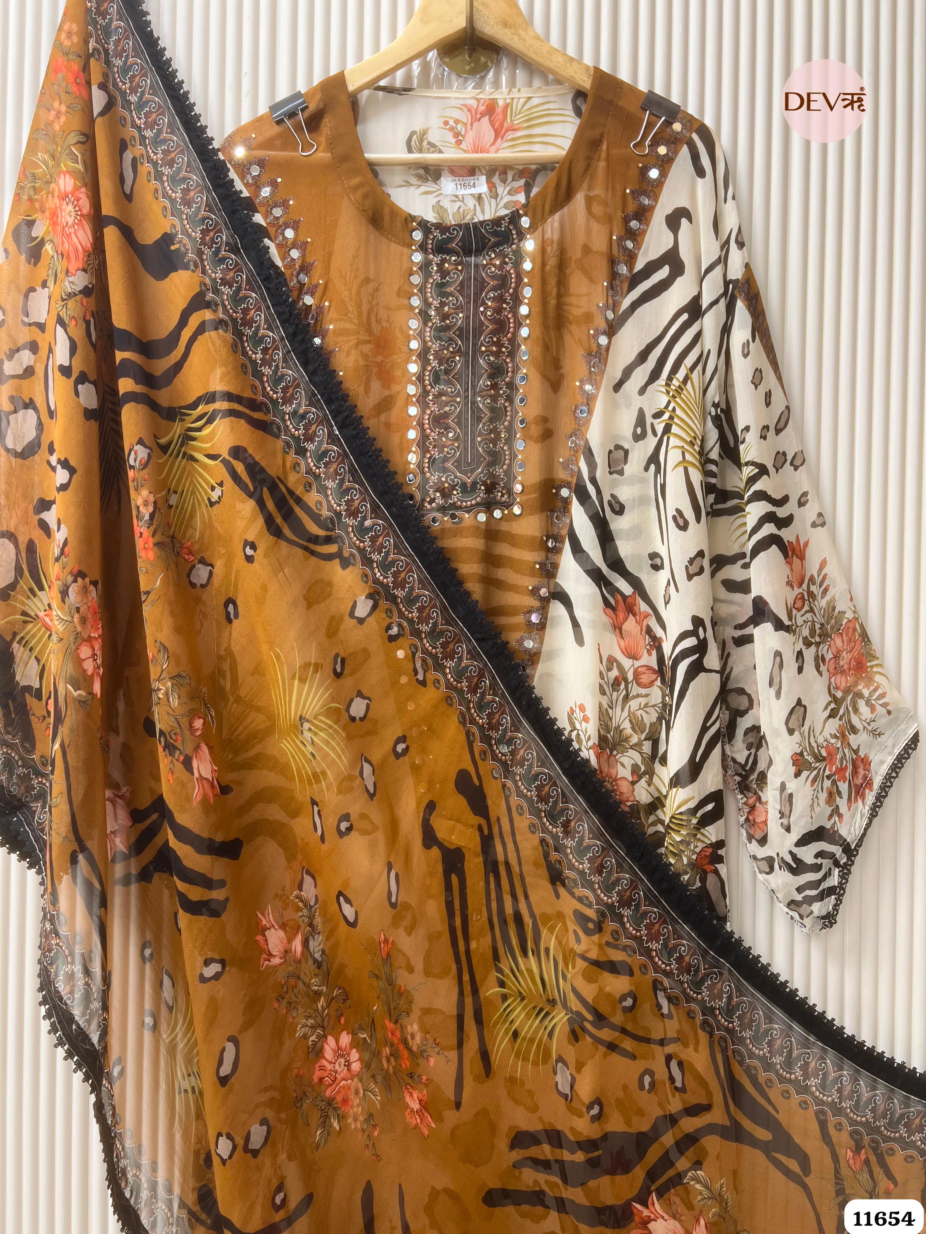 Brown/Cream Organza Printed Semi Stitched Hand Embroidered -Set Of 3 {11654}