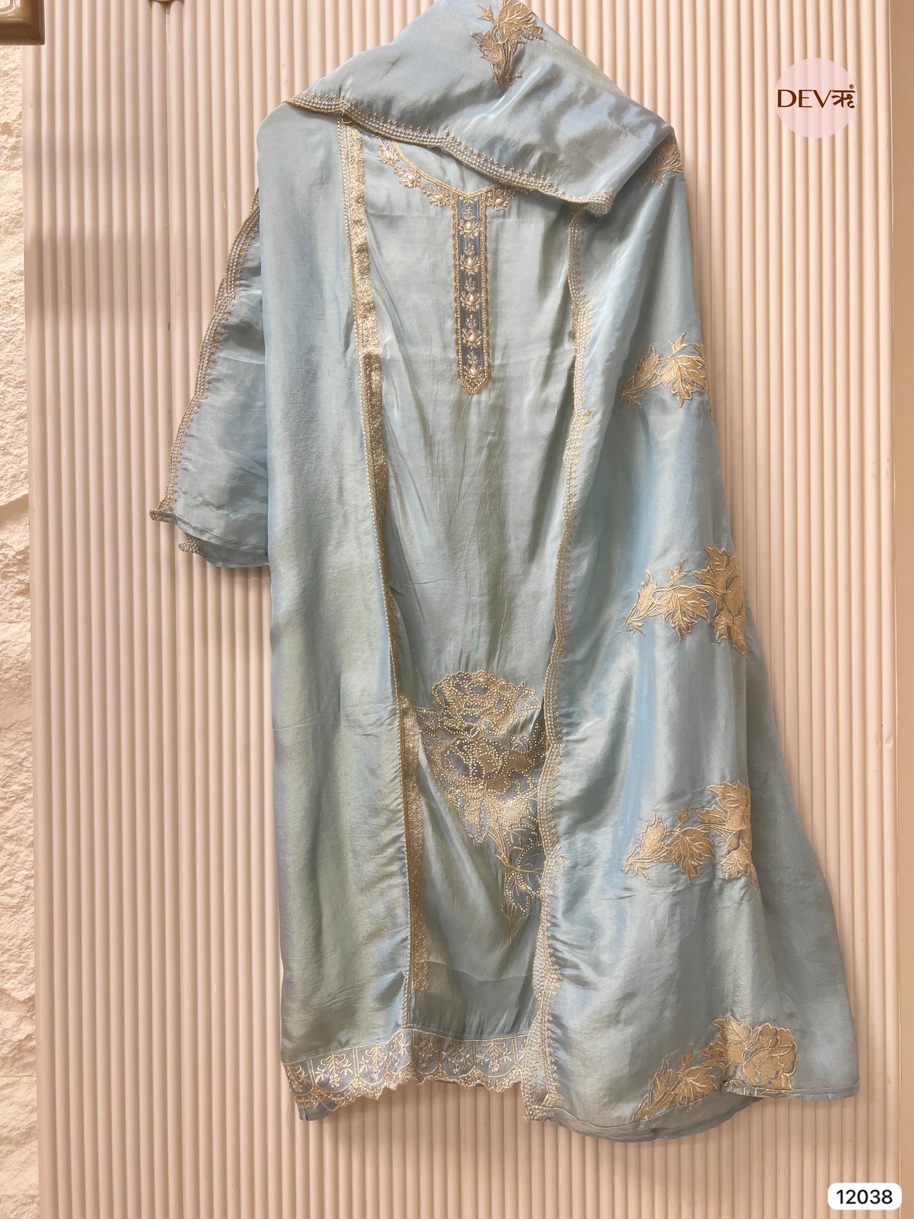 Blue Tissue Shimmer Silk Unstitched Hand Embroidered -Set Of 3 - {12038}