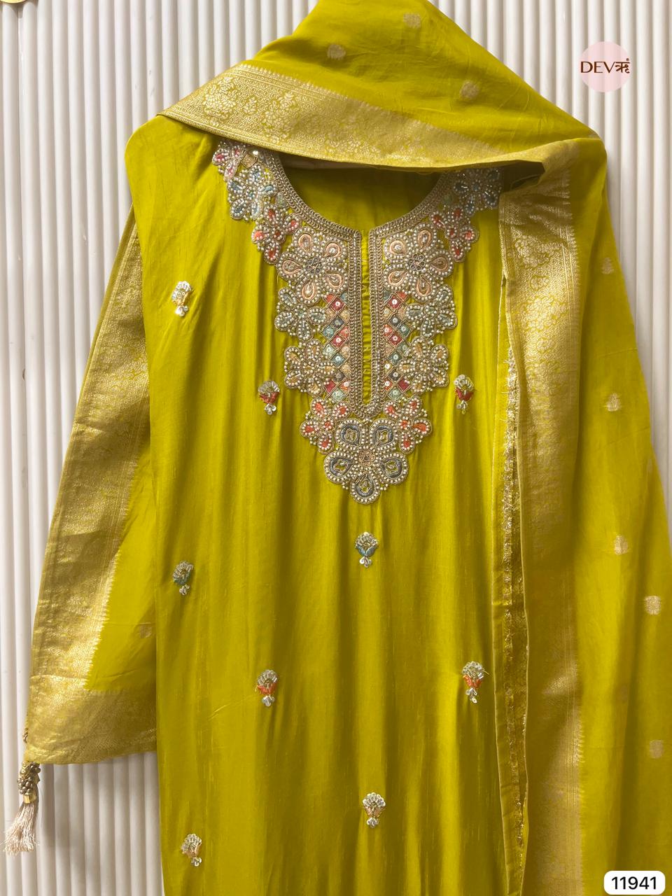 Yellow Pure Russian Silk Unstitched Hand Embroidered -Set Of 3- {11941}