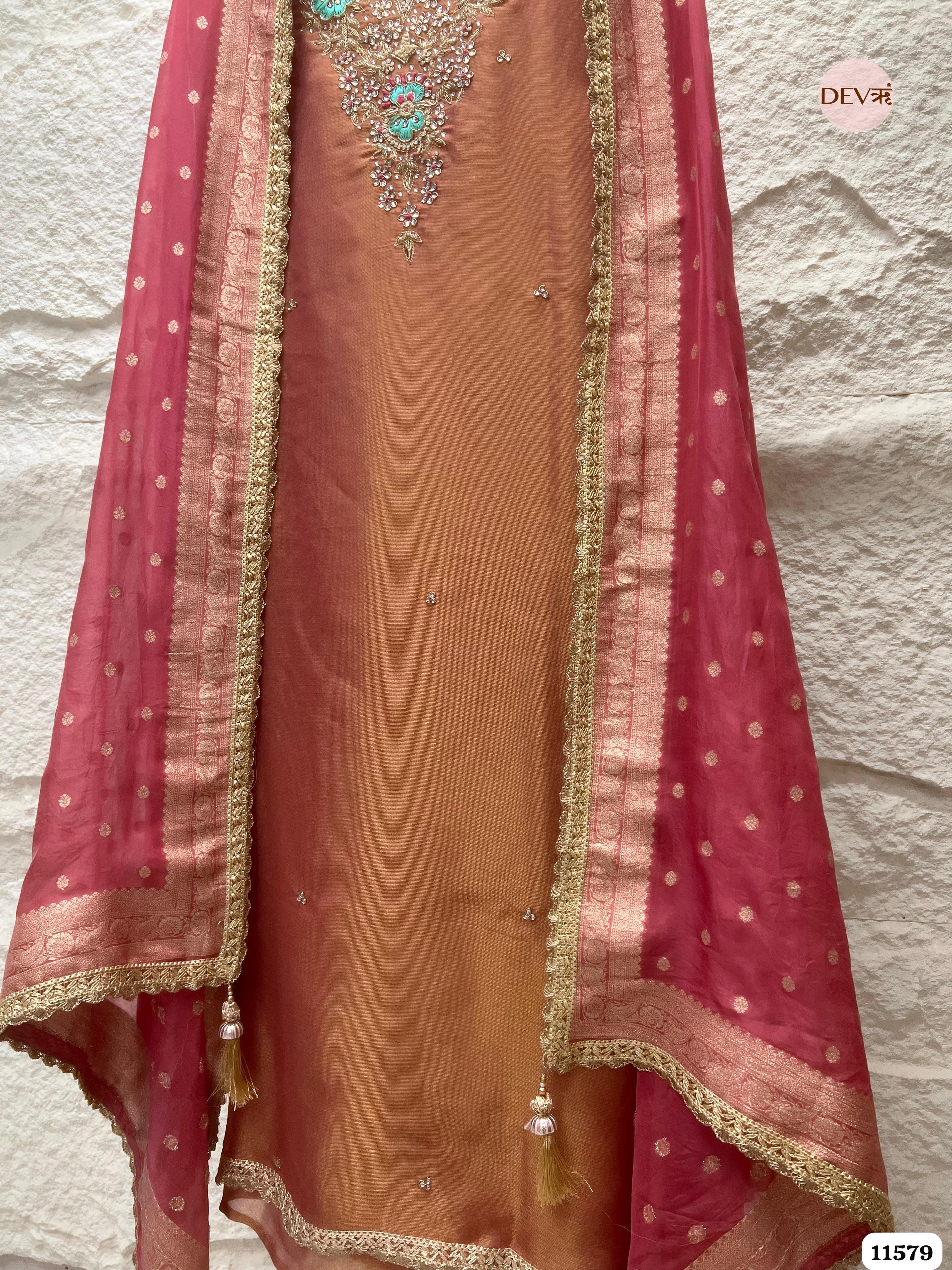 Light Brown Pure Tissue Silk Unstitched Hand Embroidered -Set Of 3 {11579}
