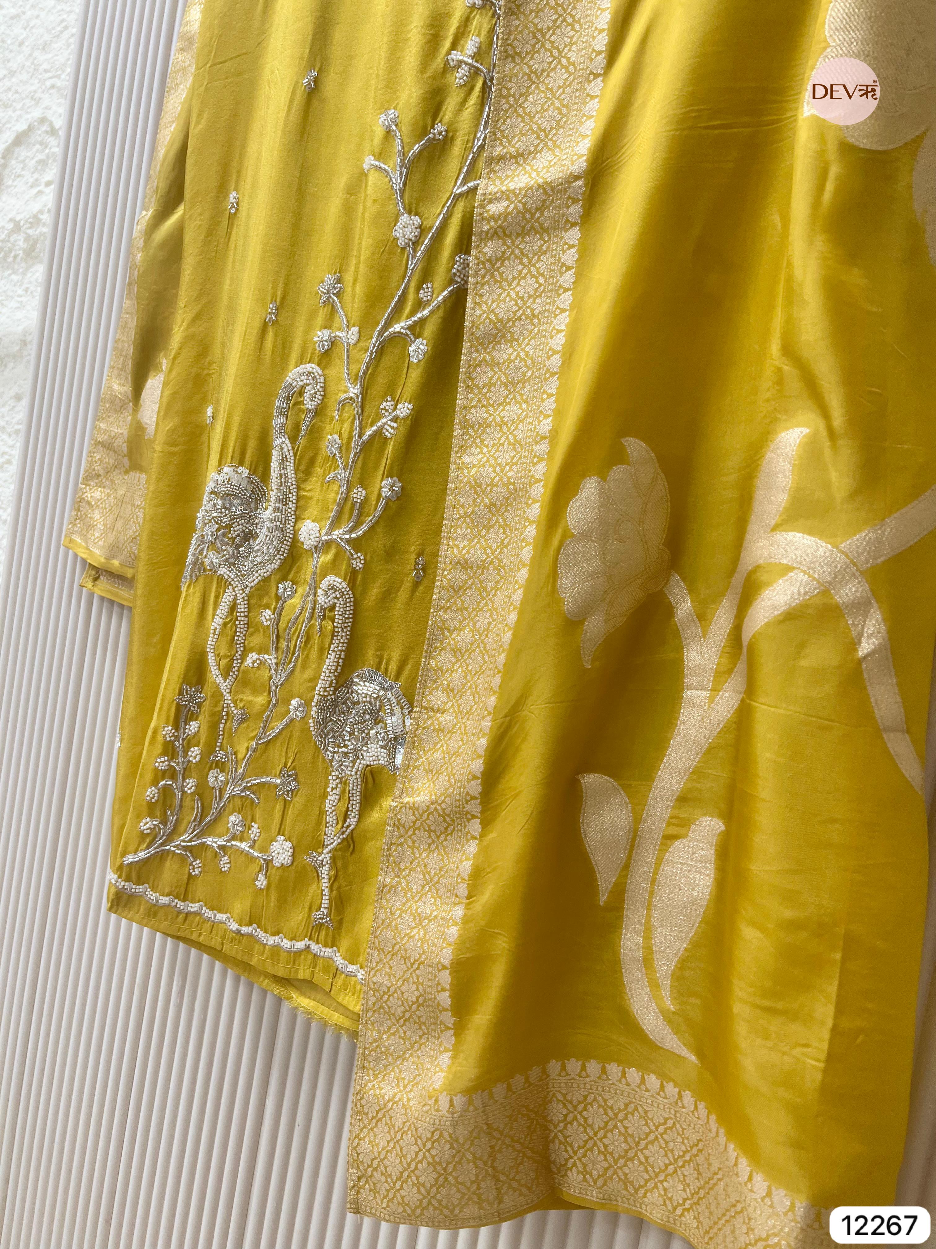 Mustard Shimmer Silk Embroidered Unstitched 3-Piece Suit (Devri – D.No 12267)