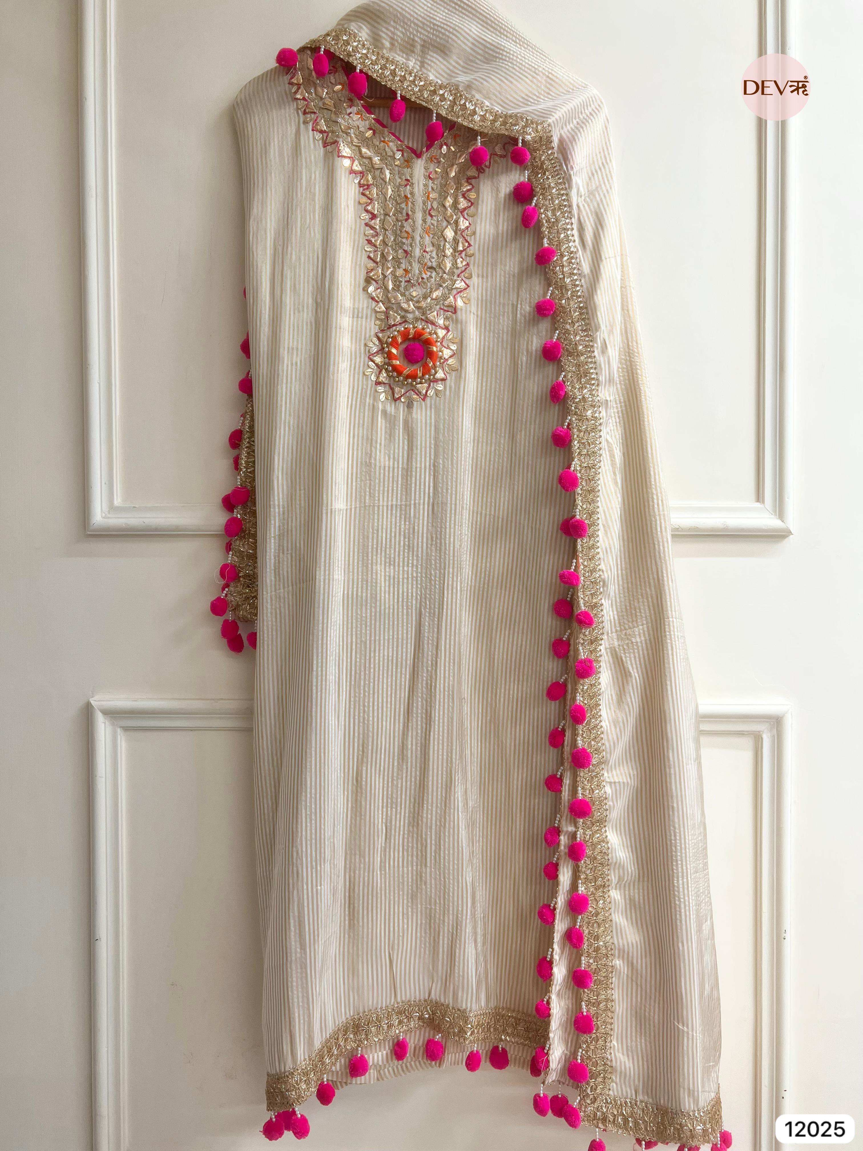 Cream colour Tissue Shimmer Silk Unstitched Gota Patti Hand Embroidered -Set Of 3 - {12025}