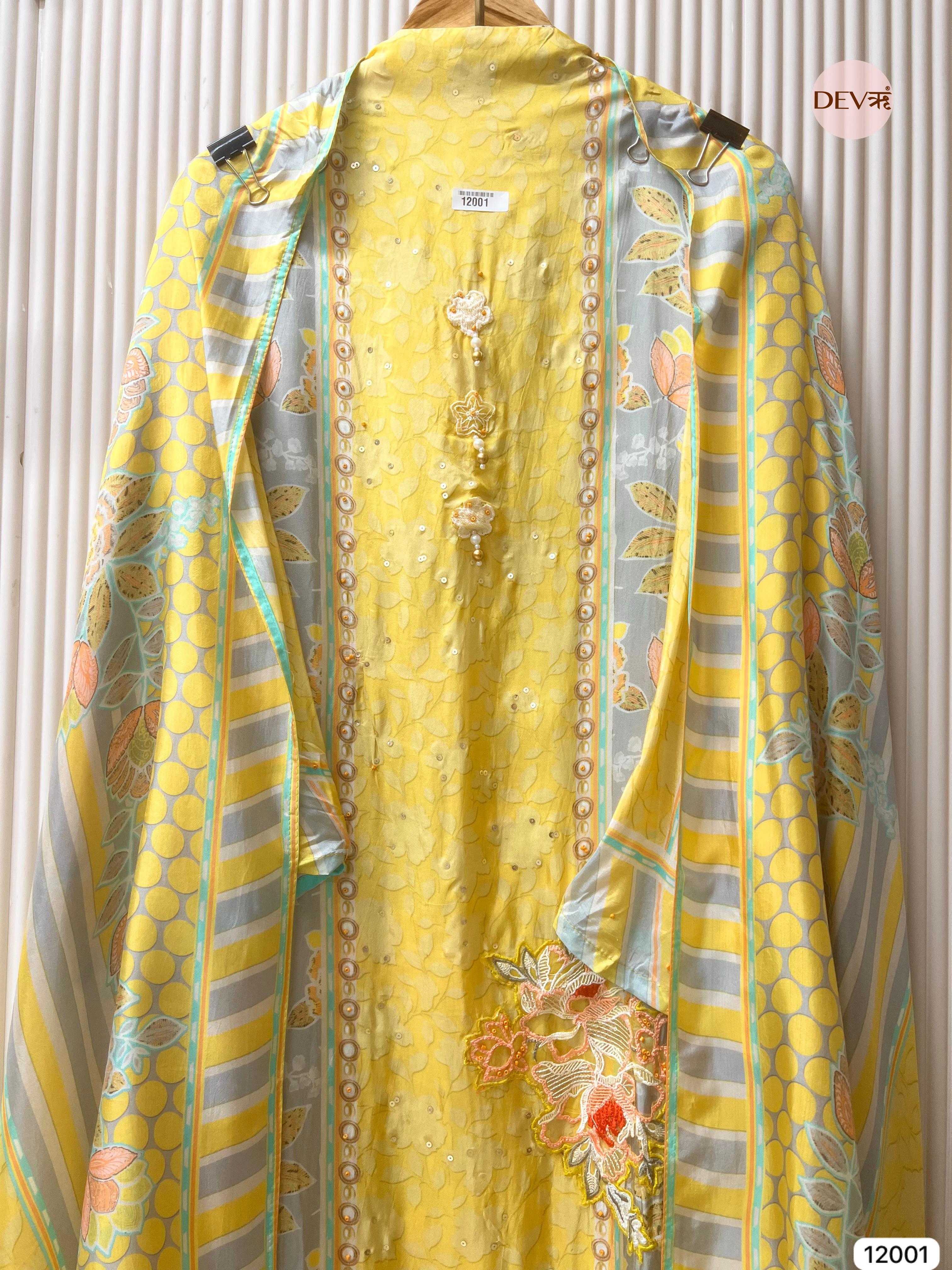 {12001} Yellow Pure Organza Silk Semi stitched Printed Embroidered -Set Of 3