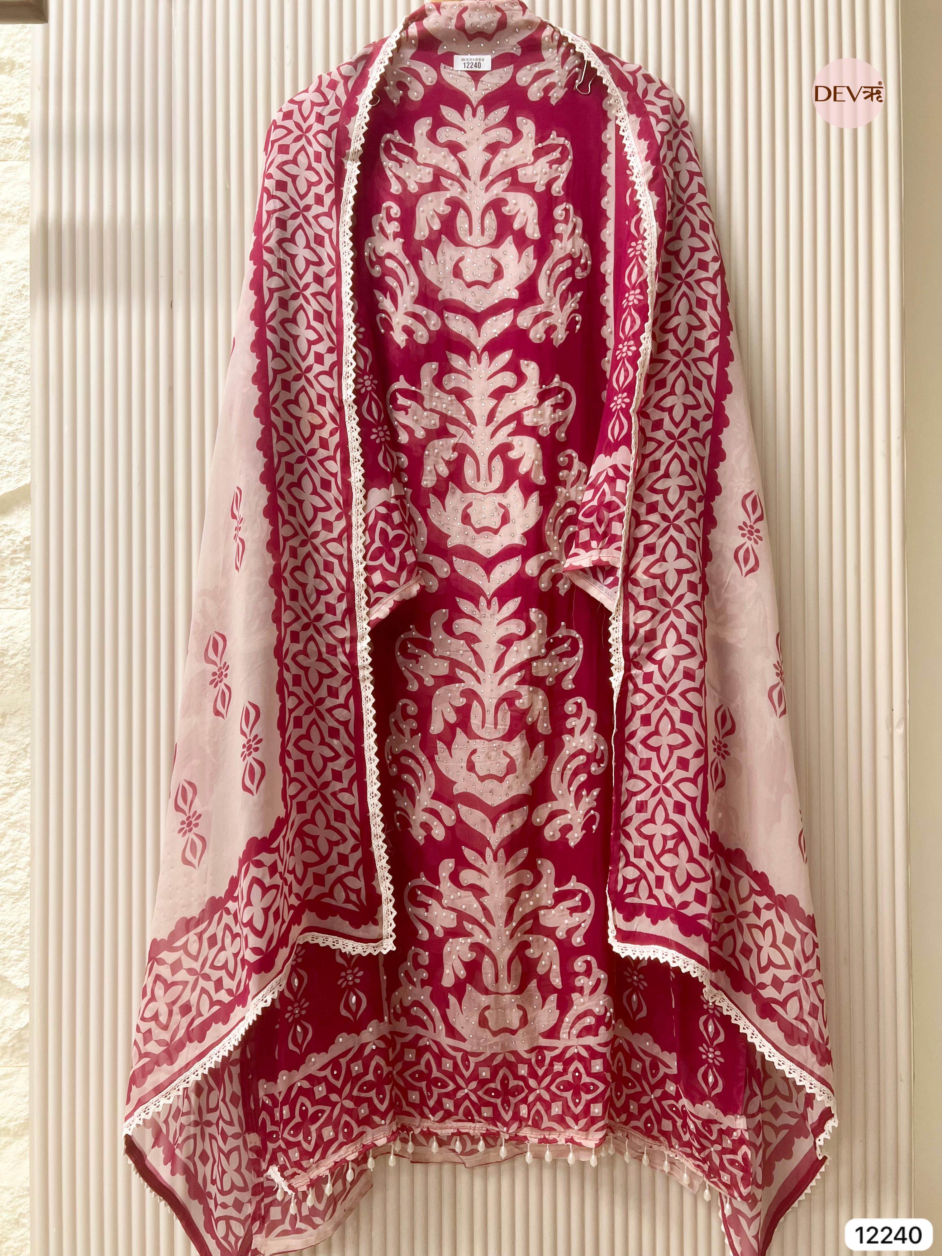 Magenta Pink Organza Embroidered Unstitched 3-Piece Suit (Devri – D.No 12240)
