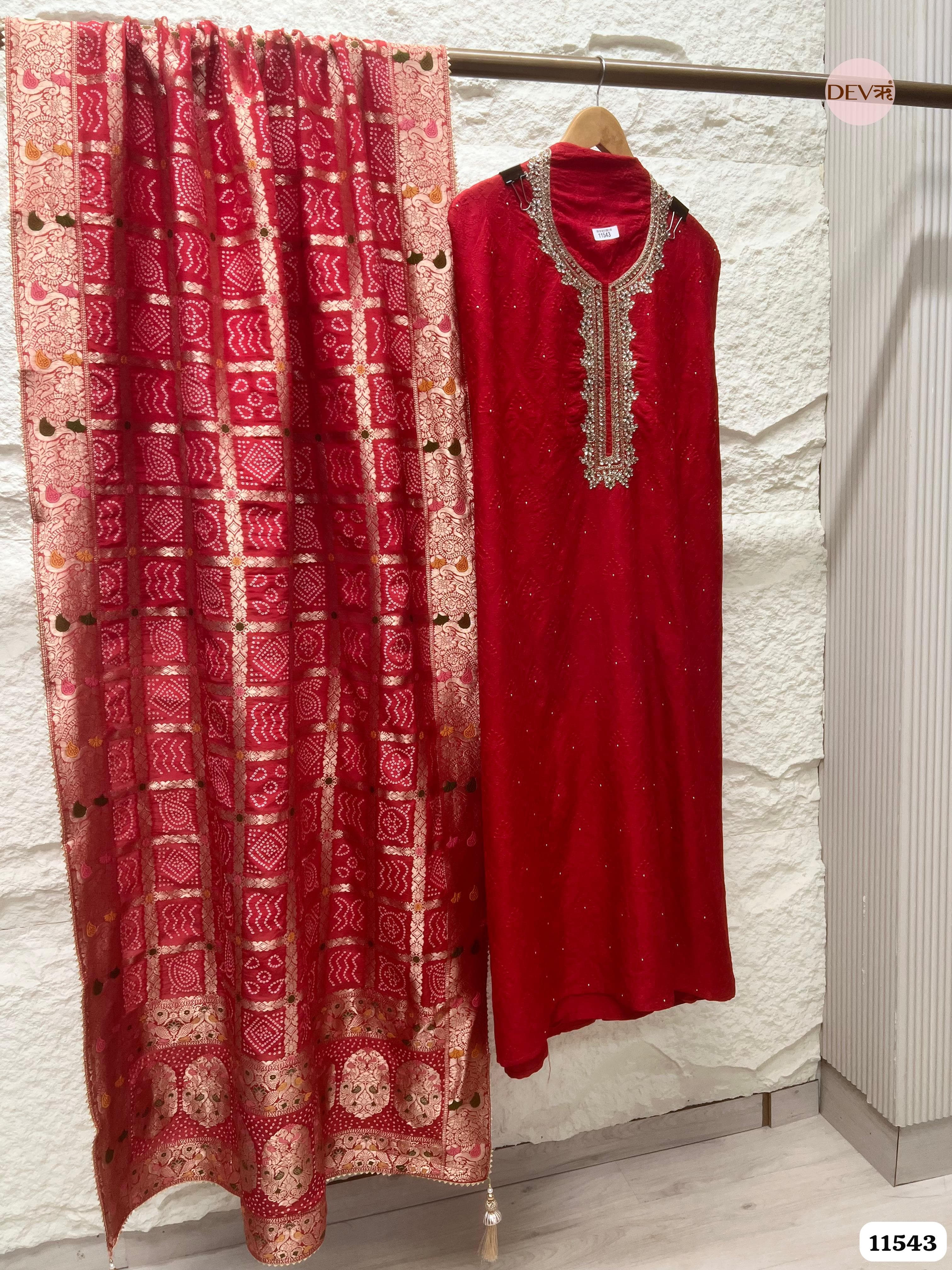 Red Pure Russian Silk Unstitched Hand Embroidered -Set Of 3 {11543}