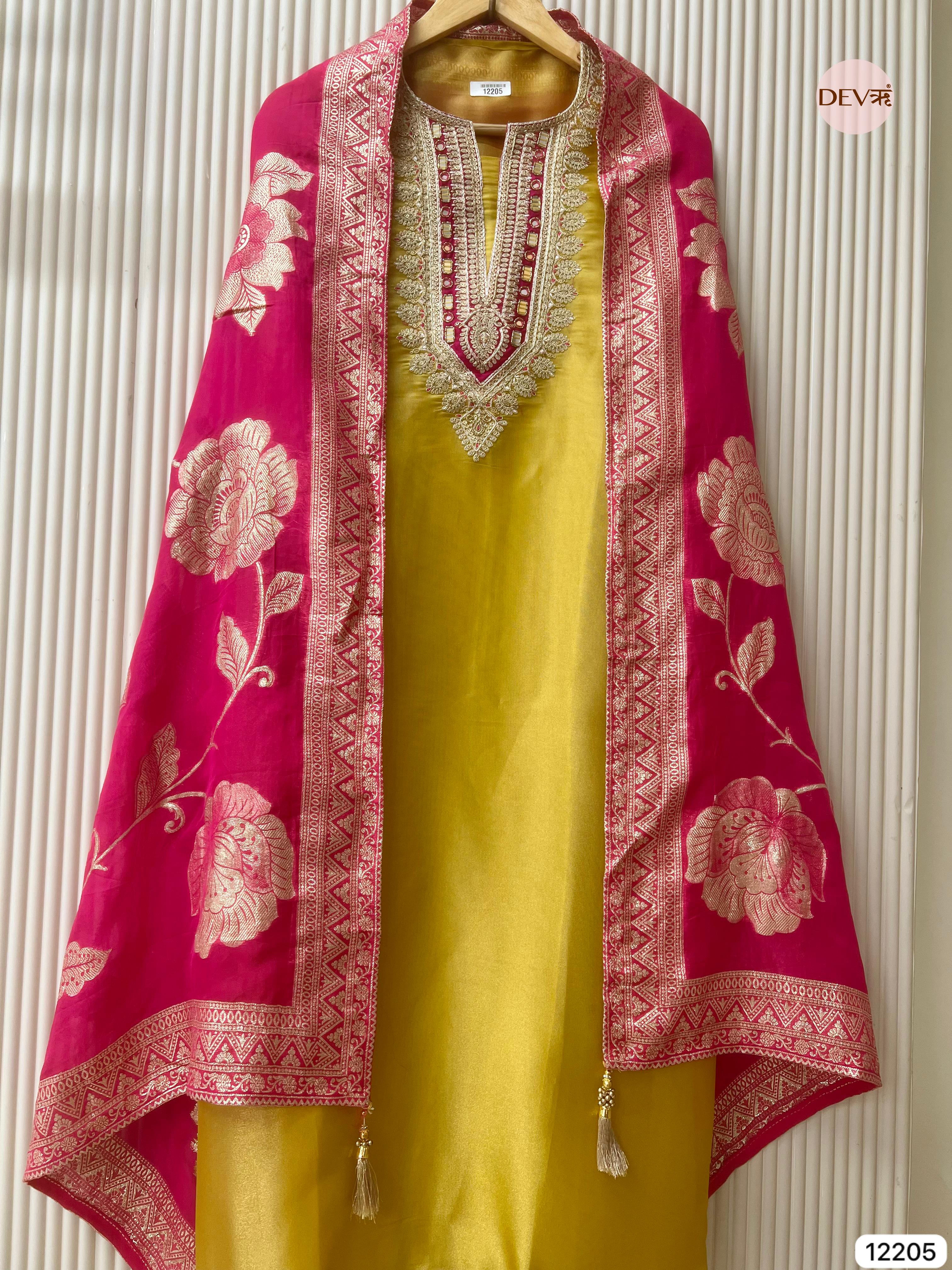 Yellow Shimmer Silk Embroidered Unstitched 3-Piece Suit (Devri – D.No 12205)