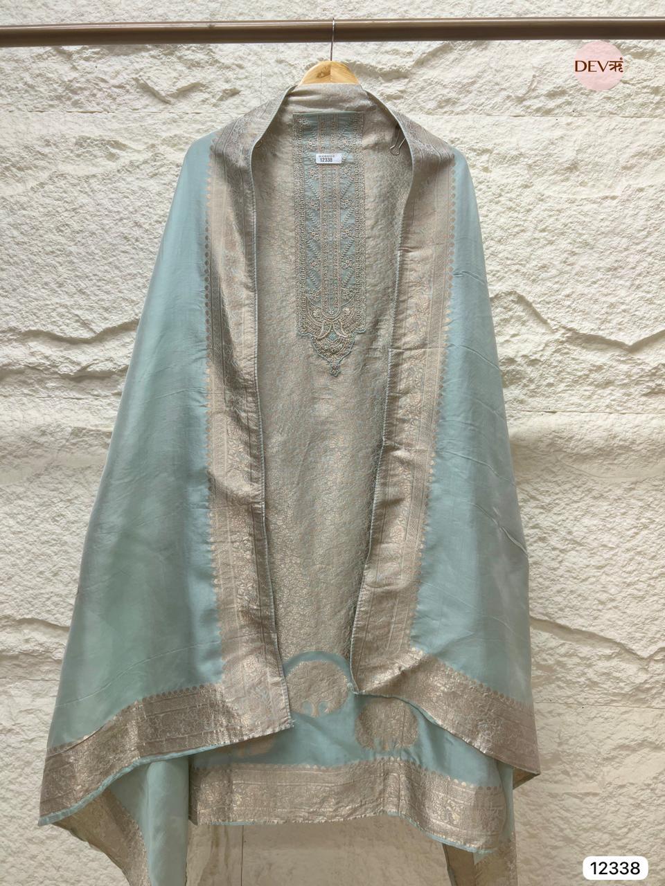 Powder Blue Pure Banarasi Silk Embroidered Unstitched 3-Piece Suit (Devri – D.No 12338)