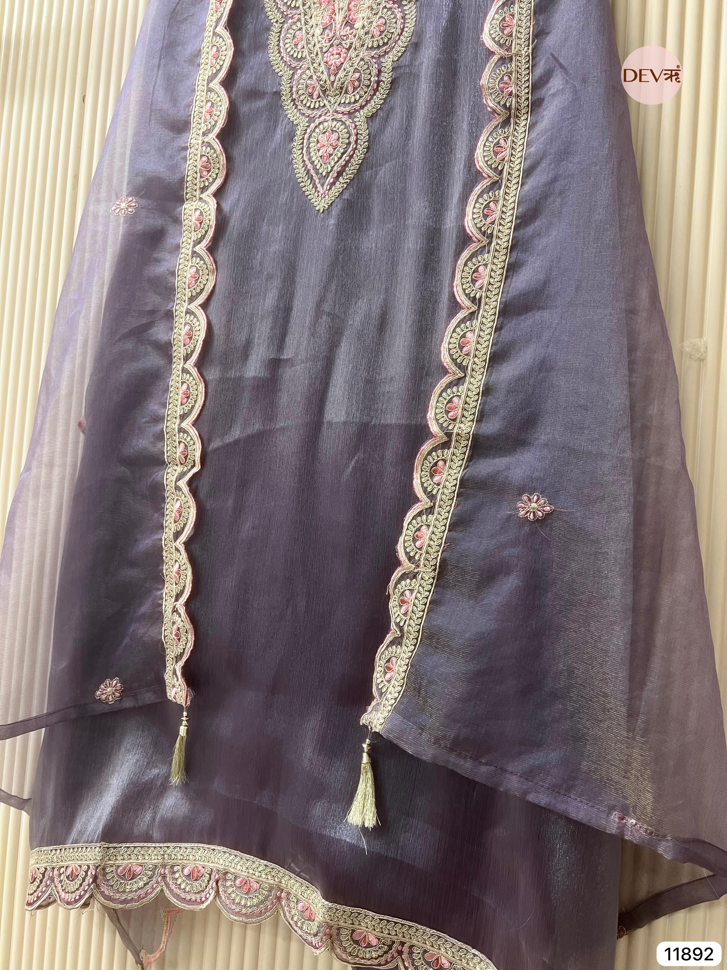 Purple Tissue Shimmer Silk Unstitched Printed Embroidered -Set Of 3 - {11892}